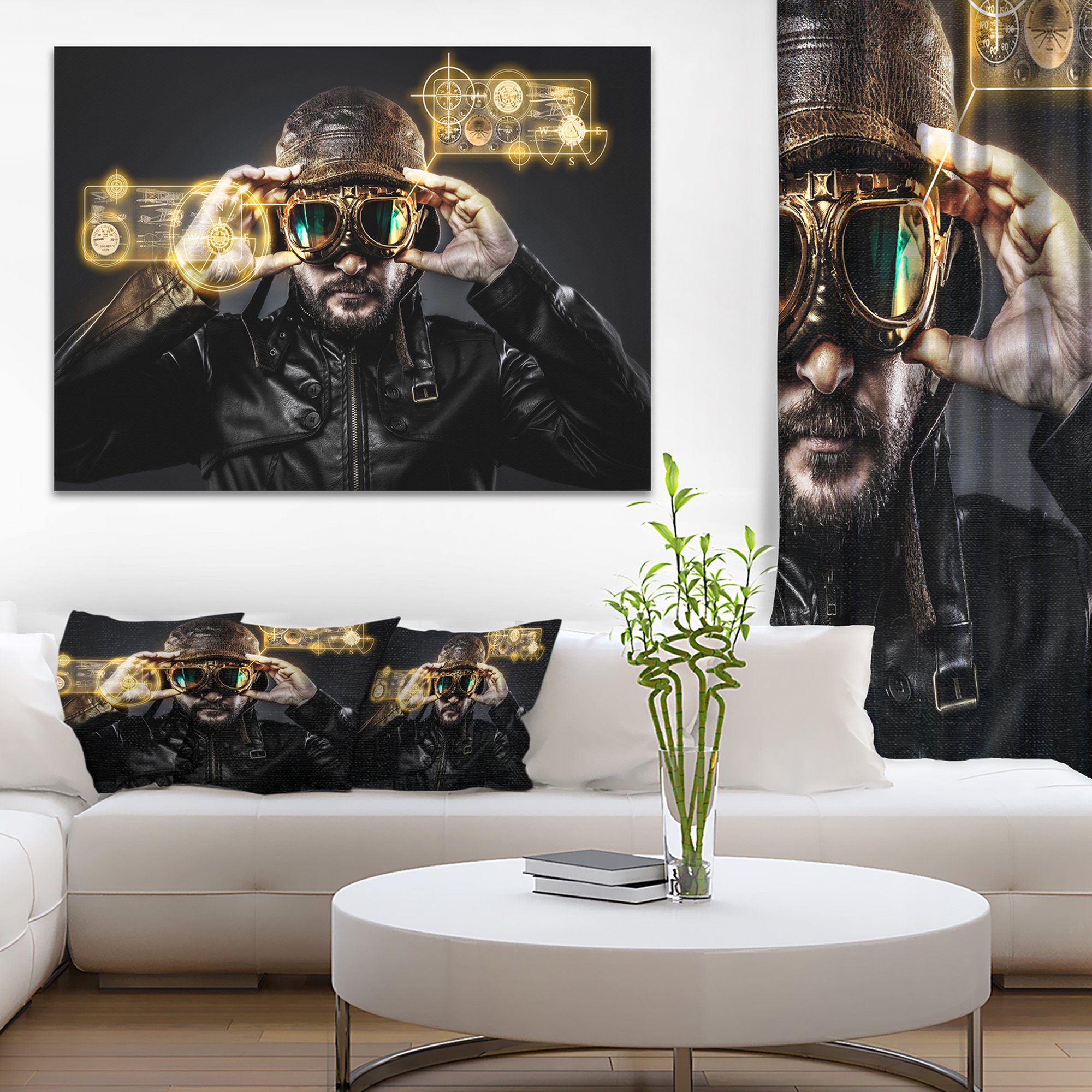 Fighter Pilot with Hat & Glasses - Abstract Portrait Canvas Wall Art Print - Perfect for Home Office Decor, Man Cave, or Aviation Enthusiast Gift