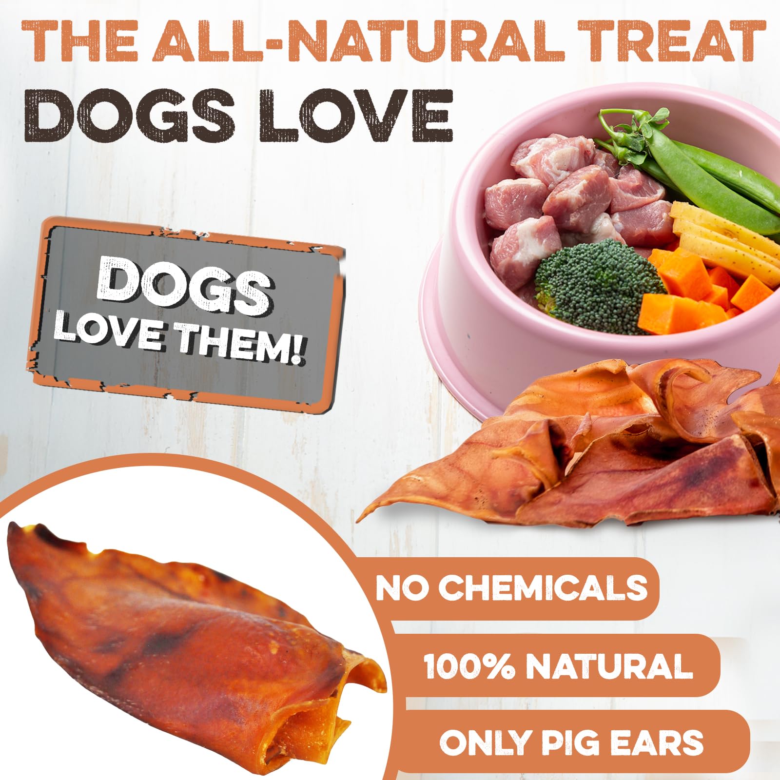 100% Natural Whole Pig Ear Dog Treats - 100 Pack | Thick Cut, Hormone & Chemical Free | Easy to Digest for Aggressive Chewers | Perfect for Small & Large Dogs | Great for Training, Dental Health & Long-Lasting Chewing Fun