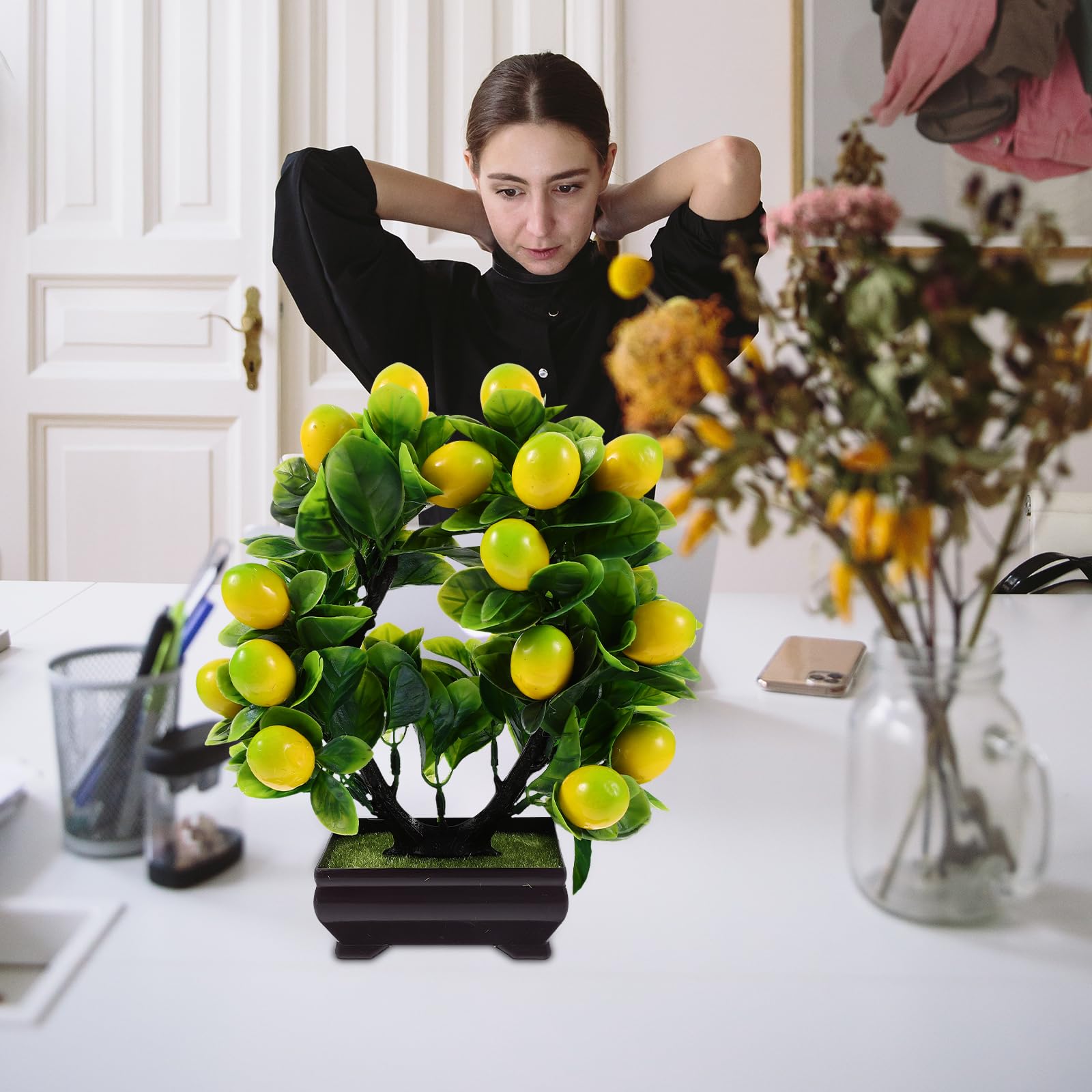 LOGOFUN Artificial Lemon Tree Bonsai - Fake Mini Potted Plant for Indoor & Outdoor Decor - Perfect for Home, Kitchen, Office, Desktop, and Tabletop Decoration - Adds Fresh Citrus Vibes to Any Space