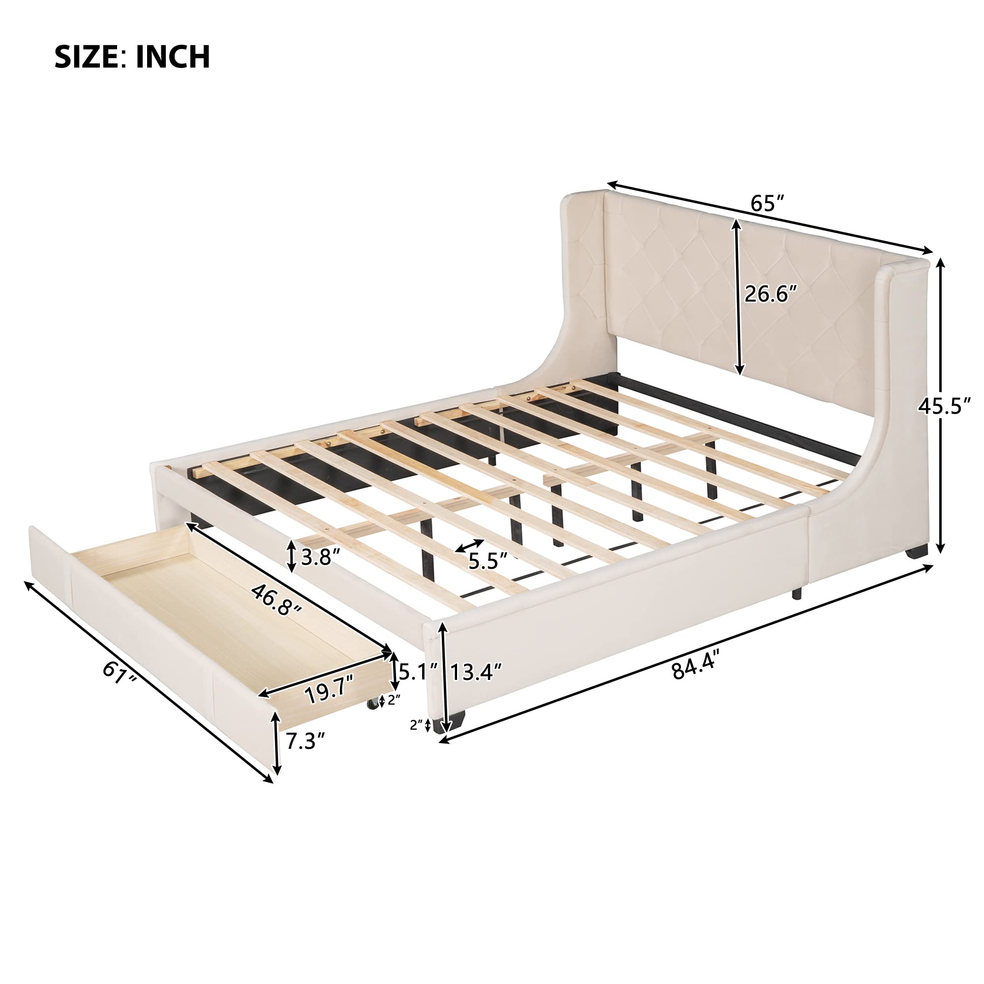 TRIPLE TREE Queen Size Storage Bed with Drawers - Upholstered Platform Bed Frame with Wingback Headboard & Wooden Slat Support | Sturdy Bedroom Furniture for Teens & Adults | Perfect for Small Spaces & Guest Rooms (Beige)