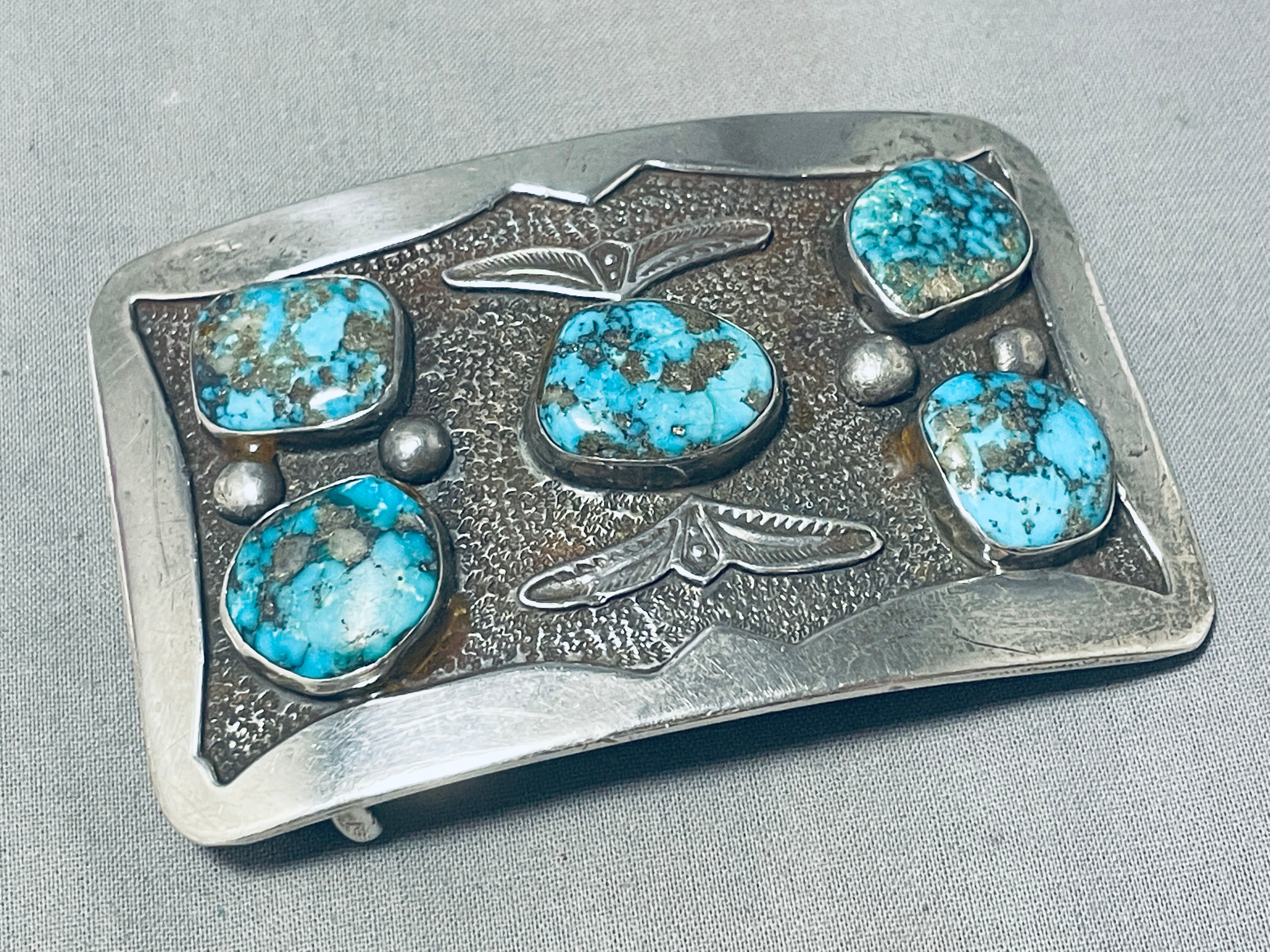 100 Gram Vintage Native American Navajo Pilot Mountain Turquoise Sterling Silver Buckle - Handcrafted Jewelry for Western Fashion & Boho Style