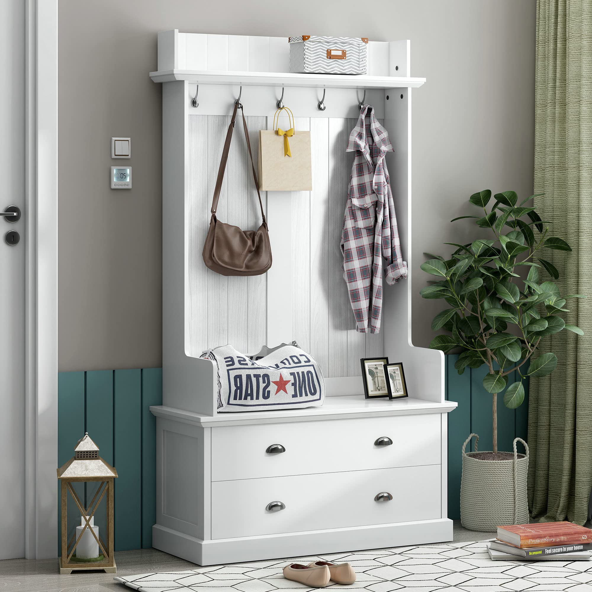 Vintage Hall Tree with 2 Large Drawers & 5 Metal Hooks - Solid Wood Entryway Bench with Coat Hanger | Perfect for Mudroom, Foyer & Small Space Organization