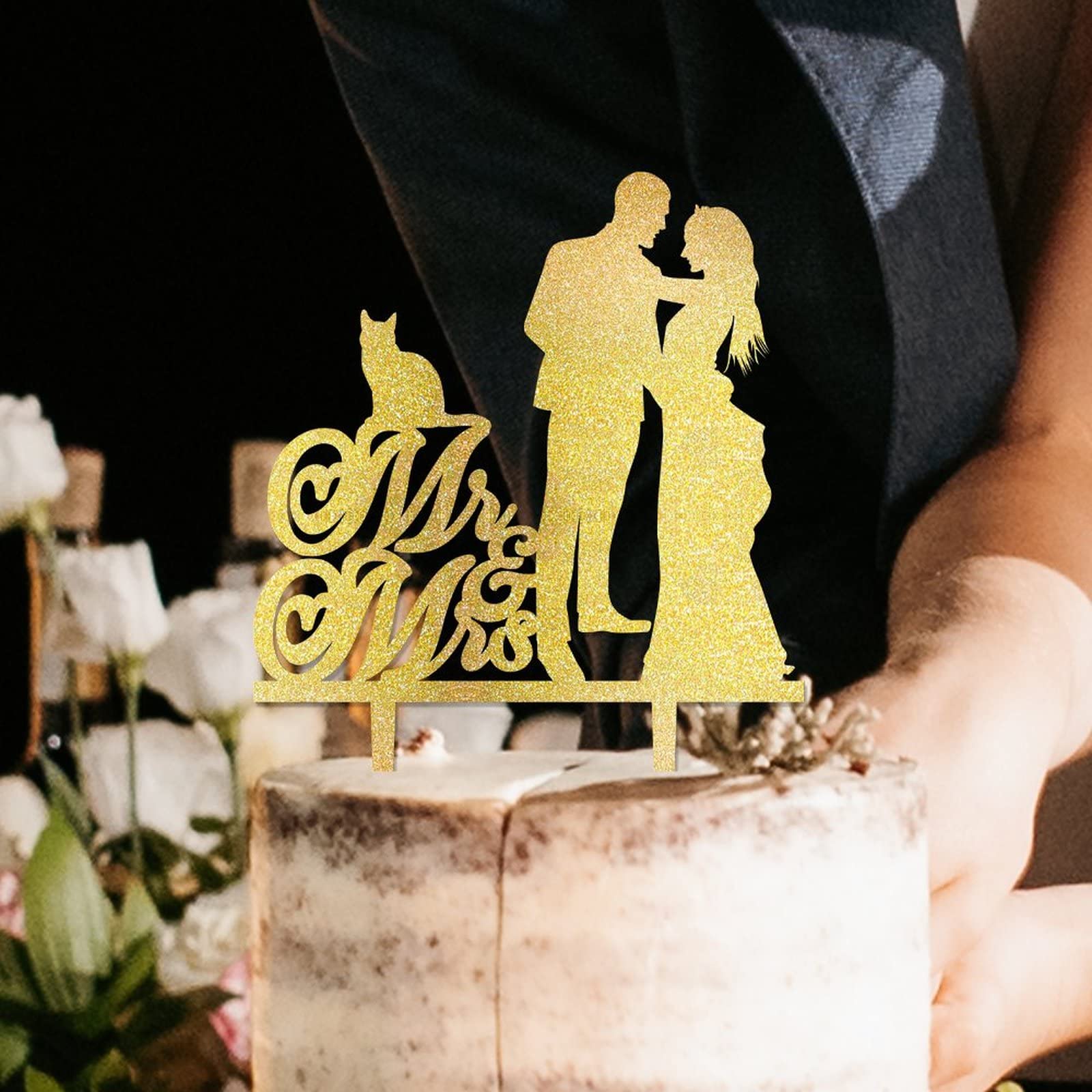 Custom Gold Acrylic Wedding Cake Topper - Mr & Mrs Silhouette with Sphynx Cat & Yorkshire Terrier | Bride & Groom Cake Decor for Wedding, Anniversary & Special Occasions