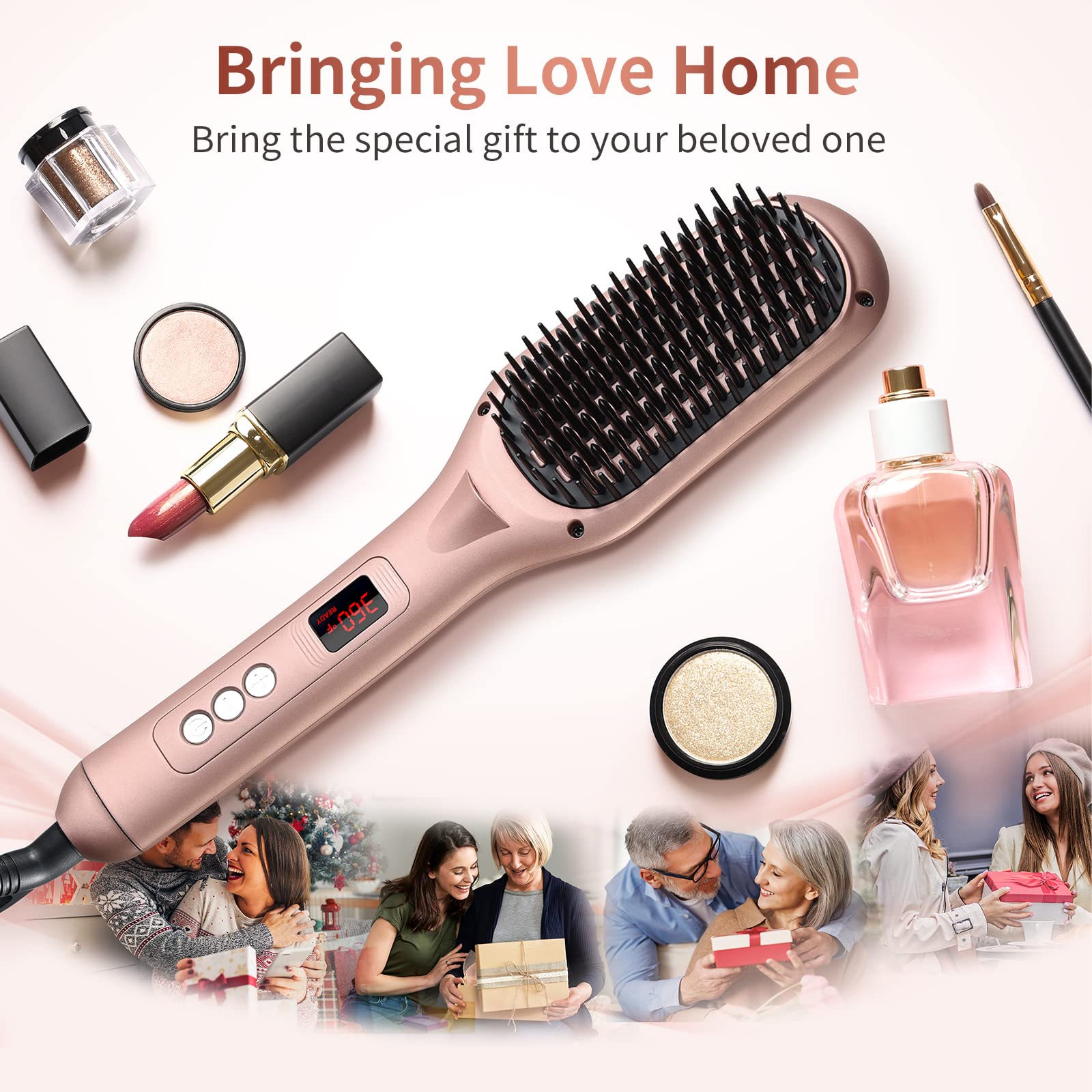 Rose Gold Ionic Hair Straightener Brush - 15 Temperature Settings, Auto Shut Off & Anti-Scald Safety - Salon Quality Straightening Comb for Smooth, Frizz-Free Hair at Home | Perfect for Styling, Travel & Daily Use