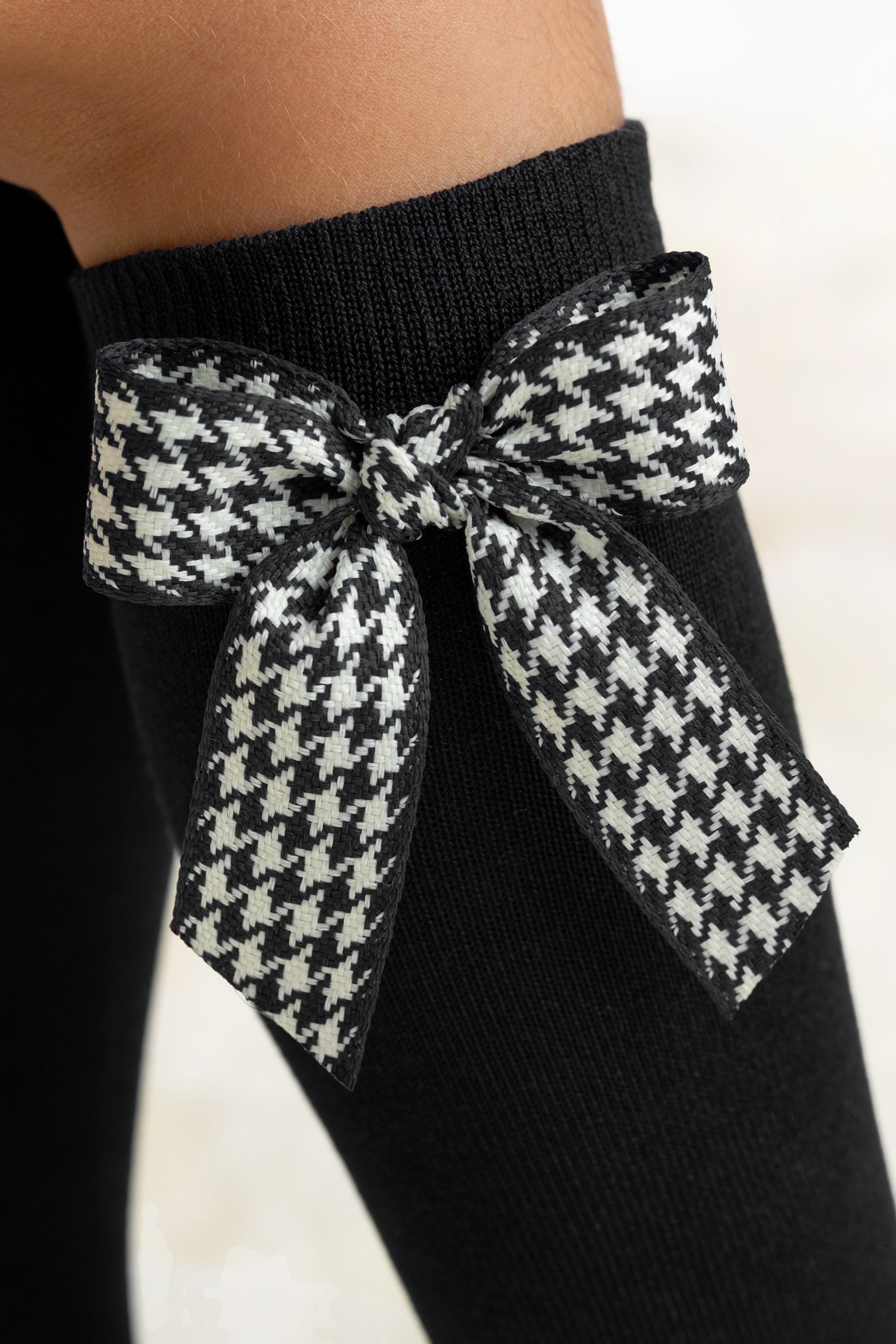 Black Houndstooth Bow Knee High Socks for Women - Fashionable Thigh High Stockings for Outfits, Cosplay & Winter Warmth