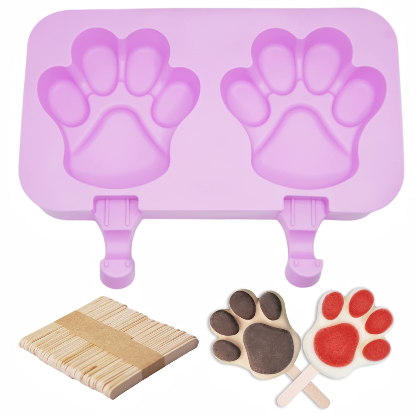 Paw Popsicle Mold Set - Reusable Silicone Ice Cream & Cake Pop Molds with Lid & 50 Sticks - Cute Cartoon DIY Homemade Ice Pop Makers for Kids - Perfect for Summer Treats, Birthday Parties & Family Fun