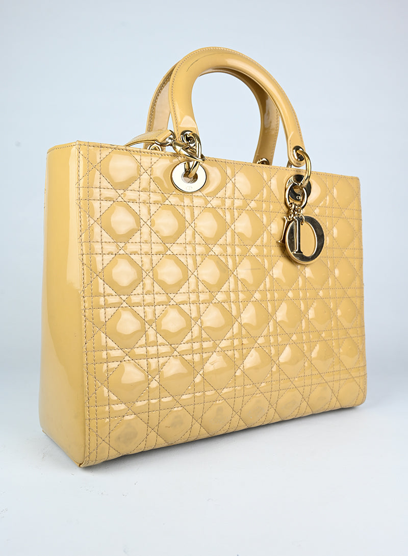 Dior Lady Dior Large Glossy Beige Leather Handbag - Luxury Designer Tote for Women, Perfect for Office, Party & Evening Events