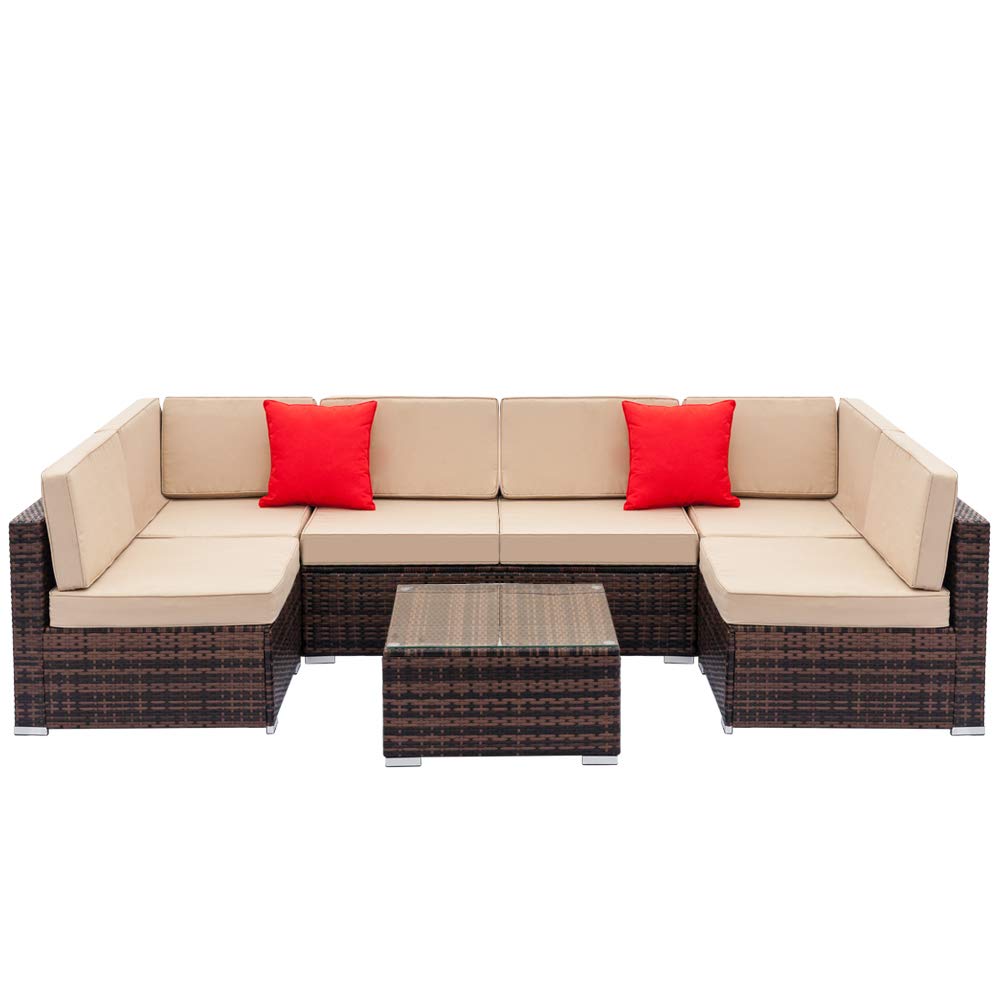 7-Piece All-Weather Outdoor Patio Furniture Set - Wicker Rattan Sectional Sofa with Cushions & Glass Table (Brown/Beige) - Perfect for Backyard, Garden, Poolside & Patio Conversations