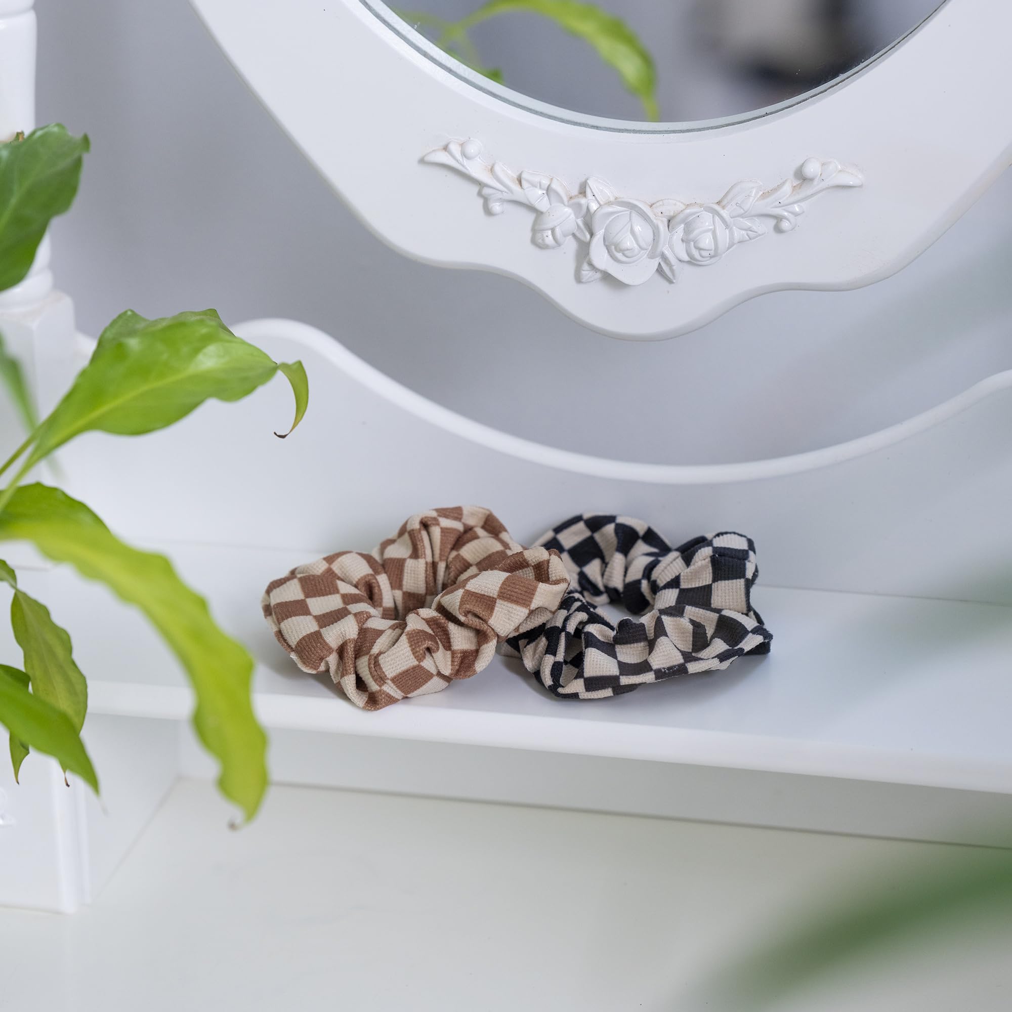 2 Pcs Plaid Hair Scrunchies - Soft Velvet Hair Ties for Women & Girls - Black/Khaki for Casual & Office Wear