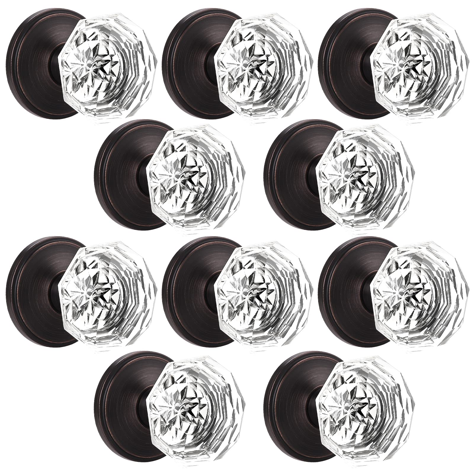 10 Pack Clear Crystal Dummy Door Knobs for French Doors & Balconies - Keyless Interior Handles with Zinc Alloy Oil-Rubbed Bronze Base - Perfect for Pantry, Closet & Glass Door Applications