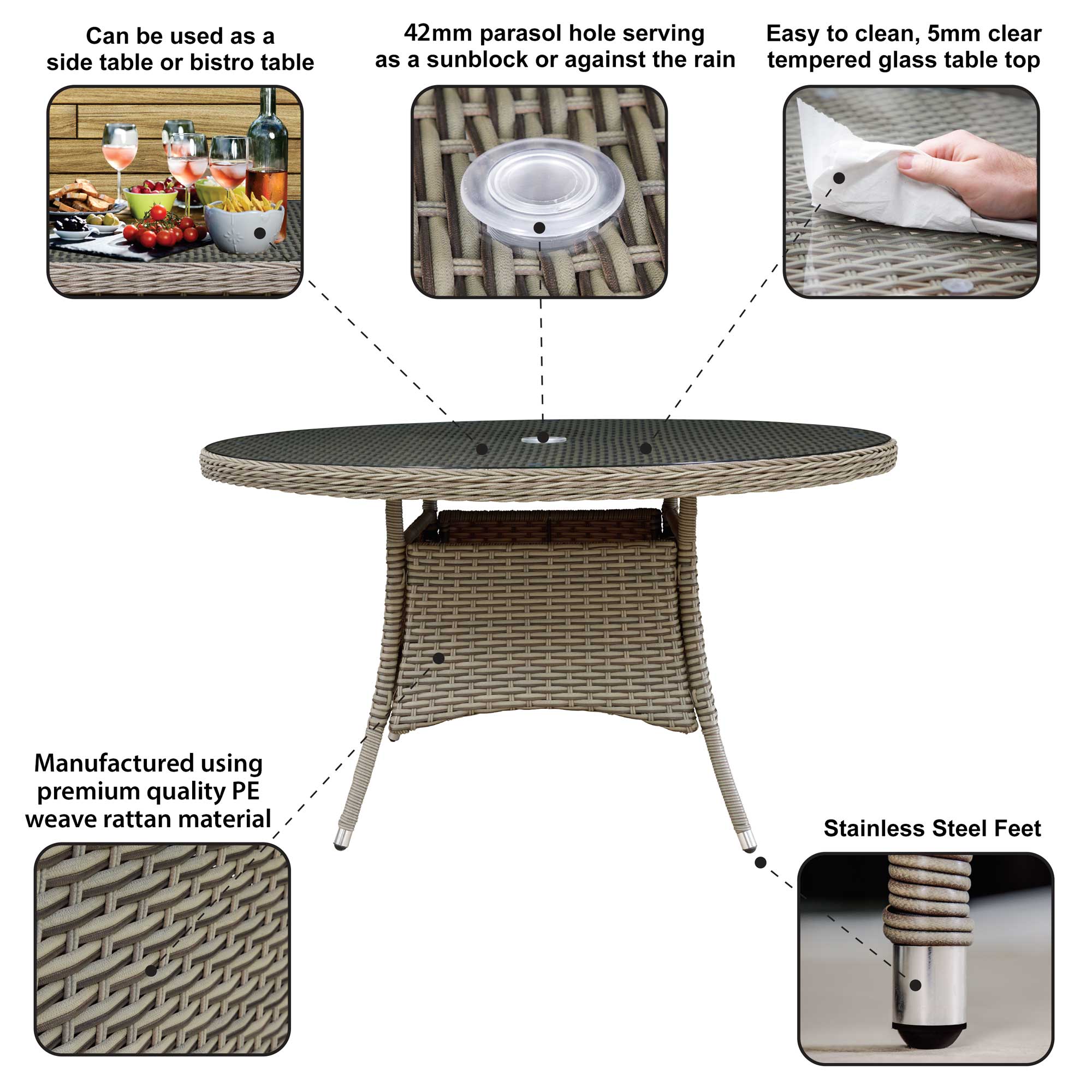 Premium Chester Rattan Wicker Outdoor Dining Table with Tempered Glass Top - Weather-Resistant Patio Furniture for Garden, Poolside & Backyard Dining - DG67