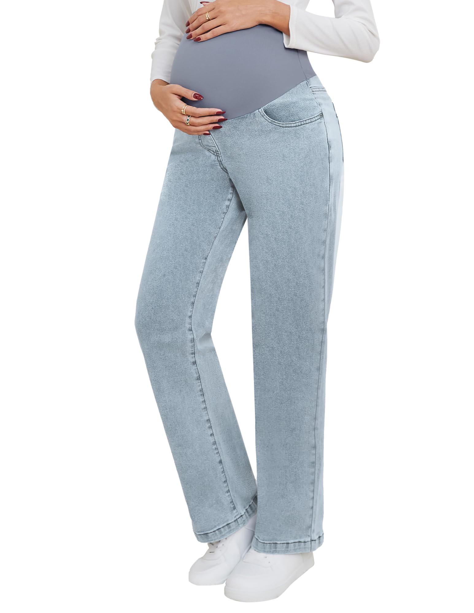FitGlam Women's Maternity Jeans - Straight Leg Relaxed Fit Over Belly Pregnancy Denim Pants with Pockets - Comfortable Work & Casual Wear for Expecting Moms