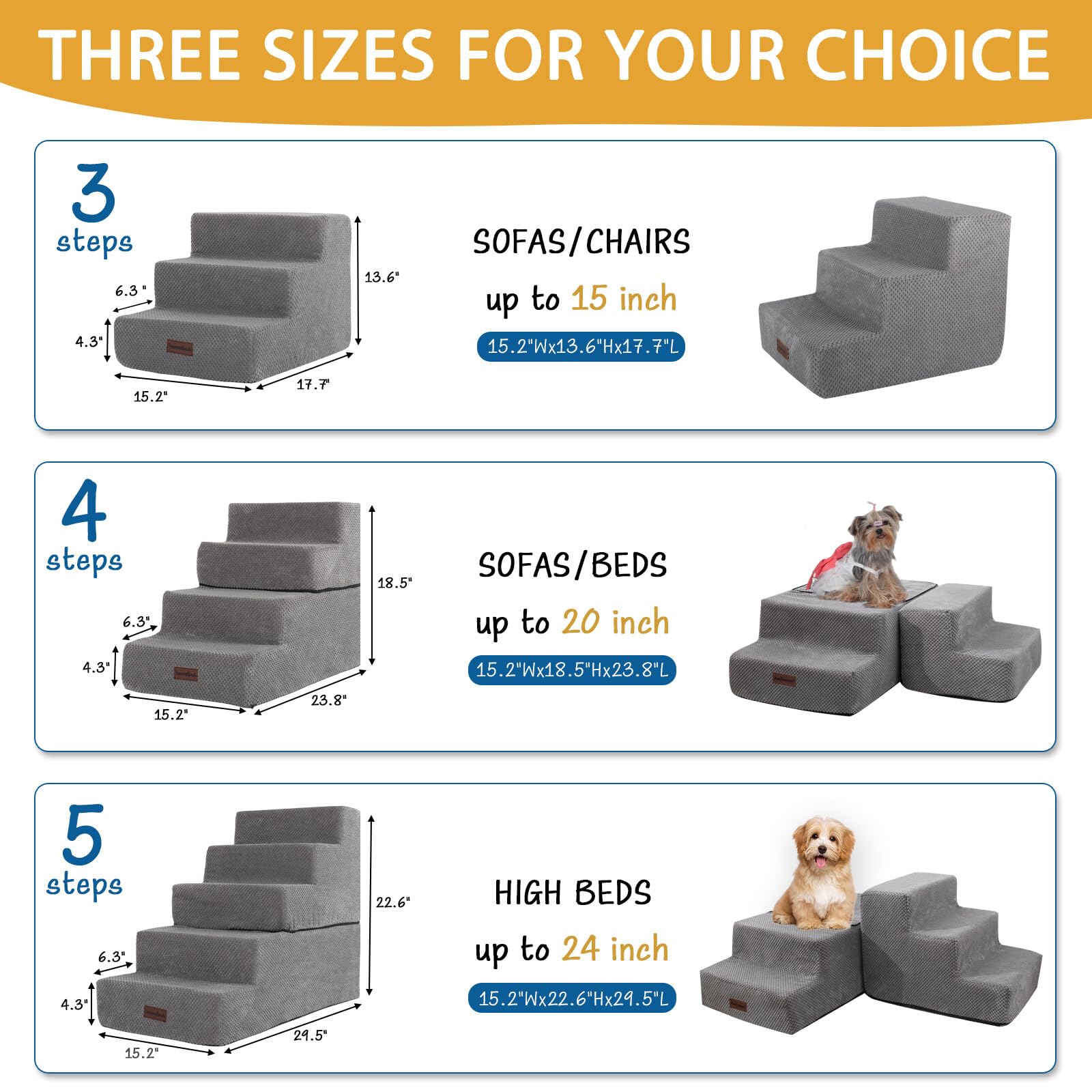 4-Step Non-Slip Pet Stairs for Small Dogs & Cats - Grey Pet Steps for Beds & Couches (18.5