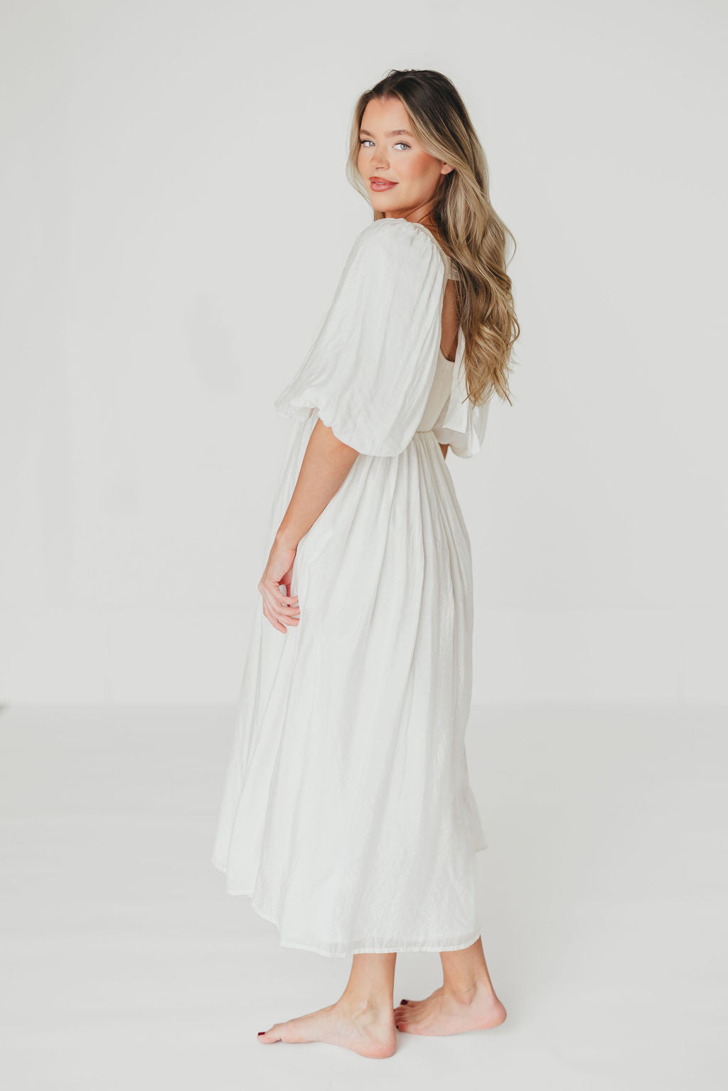Raina Women's Maternity Midi Dress with Puff Sleeves - Bump Friendly Flowy Dress in Natural for Pregnancy, Nursing & Special Occasions