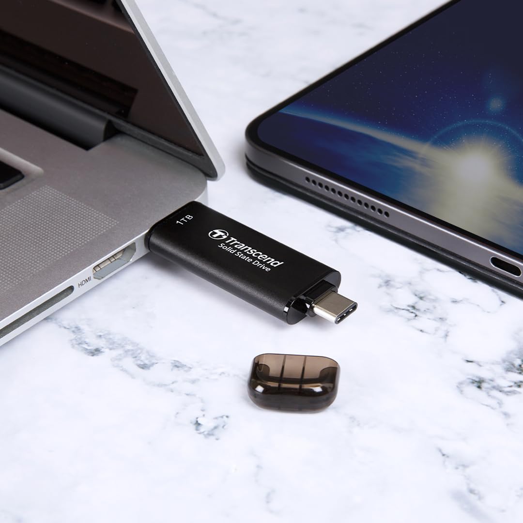 Transcend 310C 1TB External SSD Portable Hard Drive - USB C & USB 3.2 Gen 2 Compatible, 1050MB/s High Speed, Shockproof & Lightweight - Perfect for iPhone 15 Pro Max, MacBook, iPad, PC, Laptop & Desktop - 5 Year Warranty (Black) | Great for Gaming, Video Editing & Data Backup