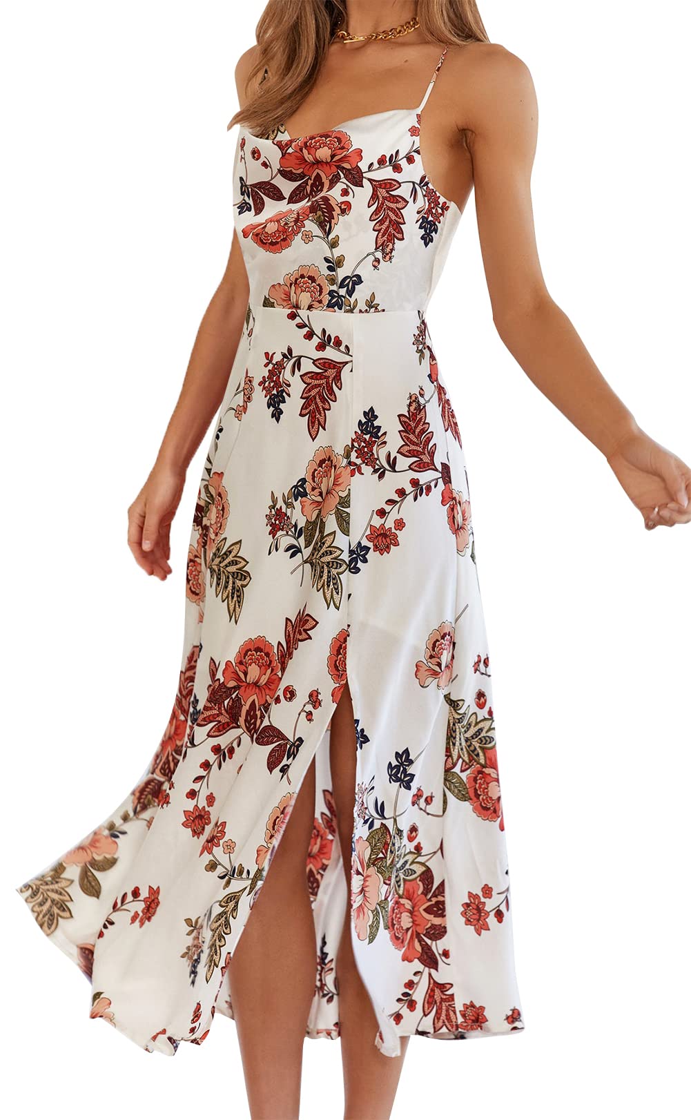Elegant Sleeveless Spaghetti Strap Satin Cocktail Dress for Women - Backless Cowl Neck Midi Formal Gown for Wedding Guest, Evening Party & Special Occasions