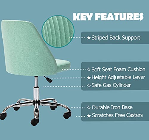 Ergonomic Home Office Desk Chair - Adjustable Low Back Rolling Chair with Wheels, Modern Twill Upholstered Vanity Chair for Bedroom, Classroom & Dressing Room (Green) - Perfect for Remote Work, Online Classes & Makeup Stations