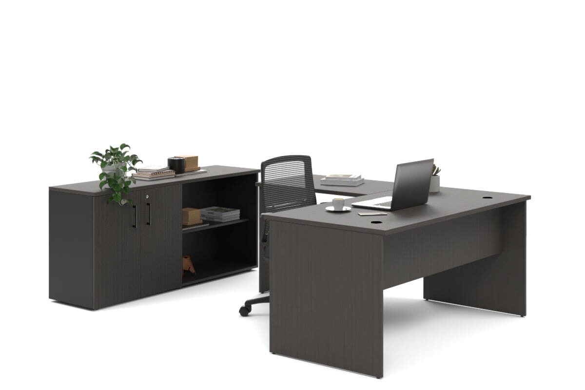 L-Shaped Executive Desk with Uniform Panel - Black Carcass [1400L x 1600W] - Perfect for Home Office & Corporate Workspaces