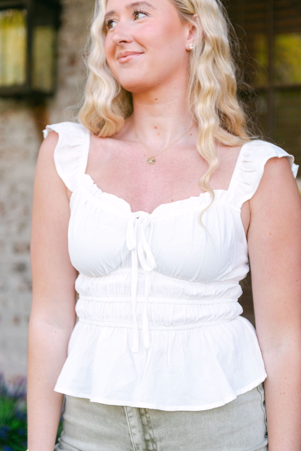 Elegant White Ruffle Trim Tie Front Blouse for Women | Chic Summer Tops for Casual Outings & Date Nights