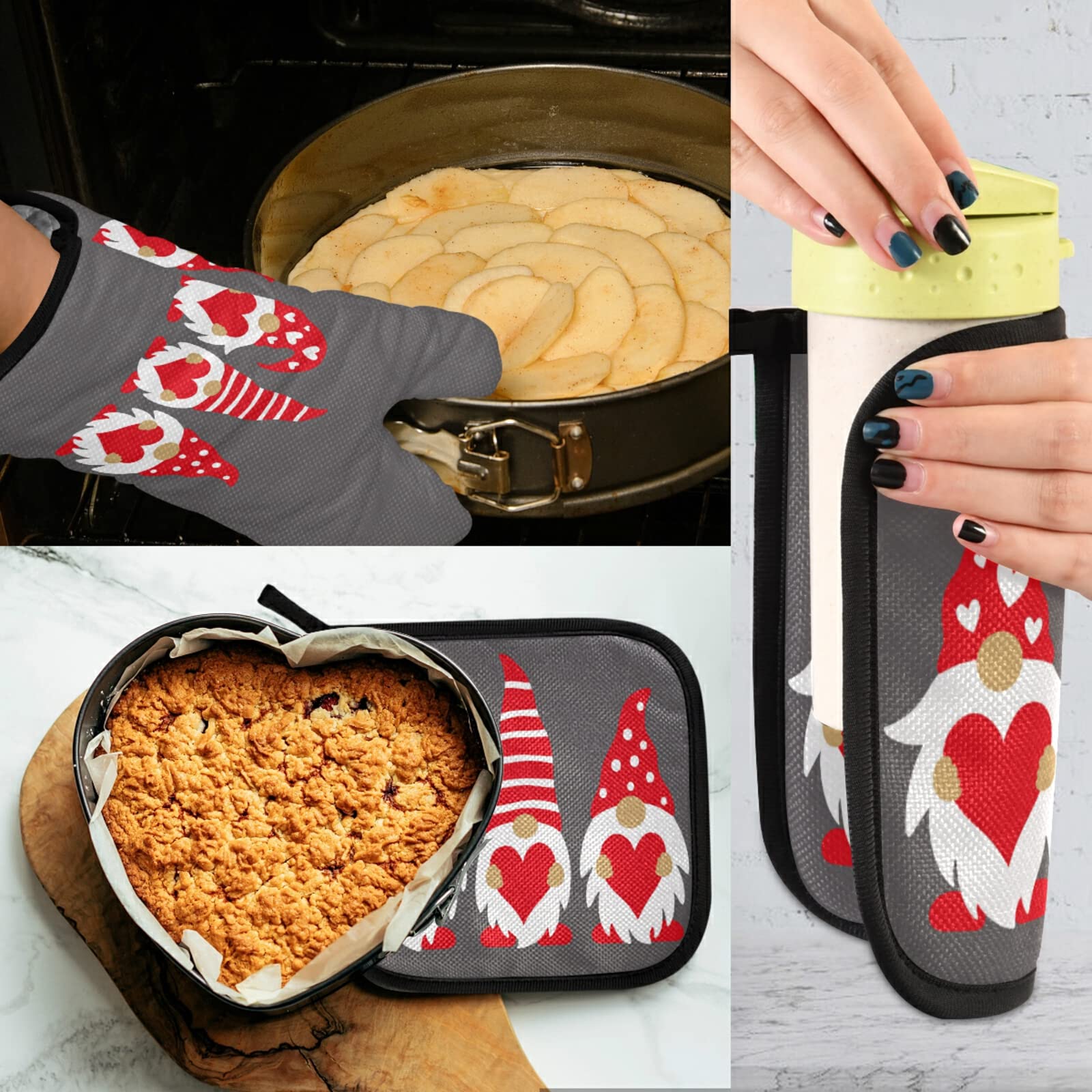 Mother's Day Gnomes Oven Mitts & Pot Holders Set - Heat Resistant Kitchen Gloves for Cooking, Baking, BBQ - Valentine's Gift for Mom, Perfect for Handling Hot Cookware & Bakeware
