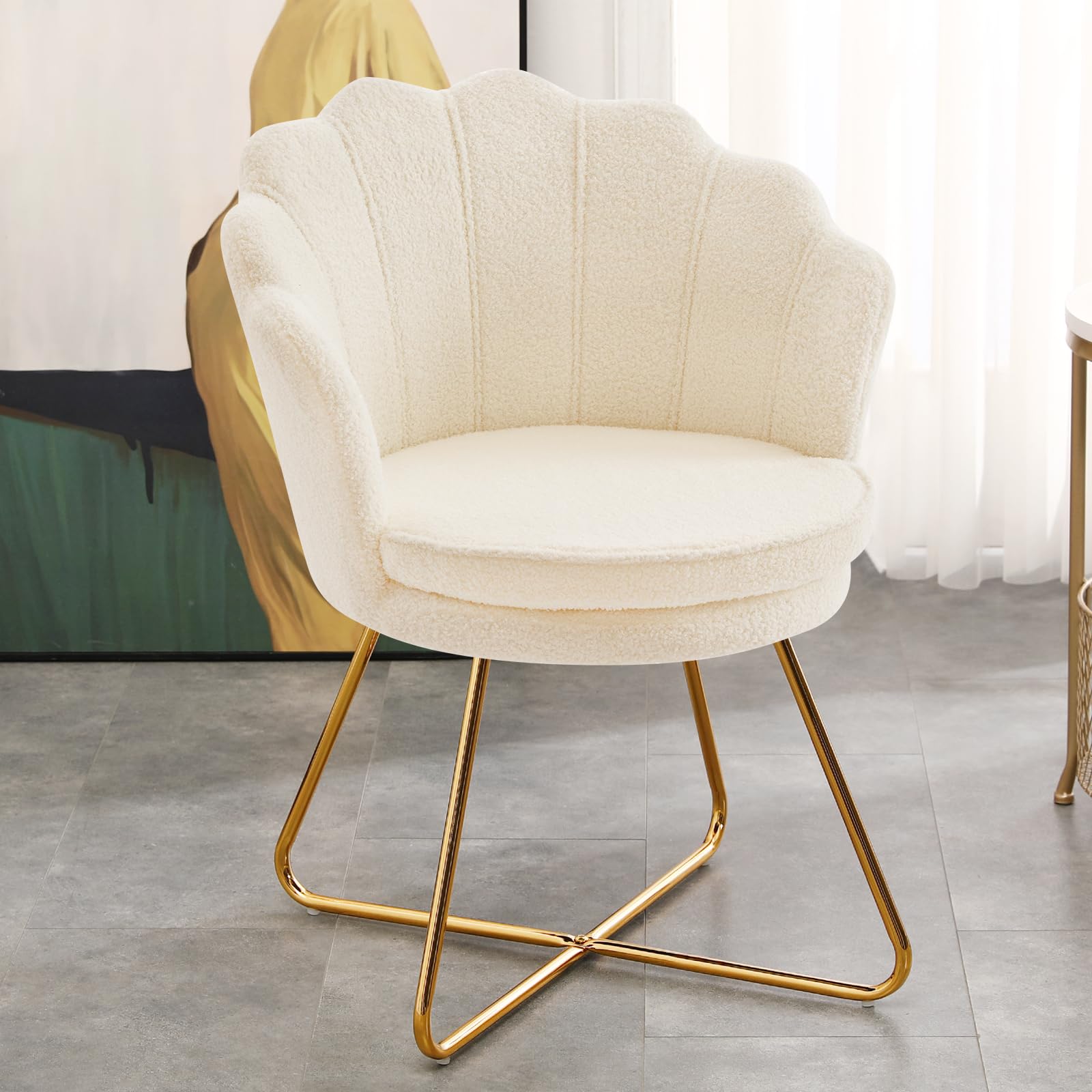 Furnimart Vanity Chair with Back - Elegant Shell Accent Chair for Living Room & Bedroom, Criss Cross Design with Gold Legs, Makeup Desk Chair Without Wheels in Soft Faux Fur White | Perfect for Dressing Tables, Bedroom Seating & Home Decor
