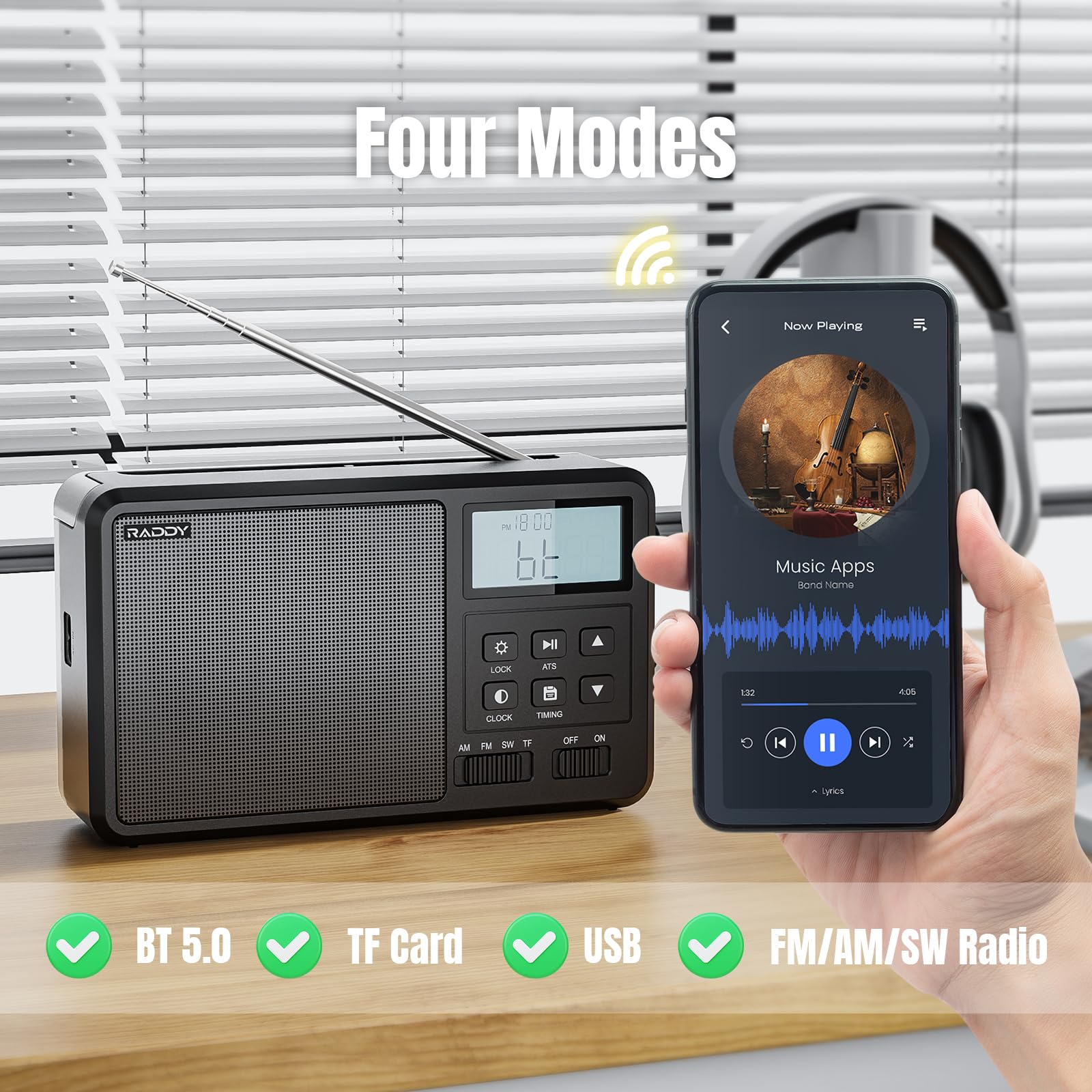 Raddy RF206 Portable Shortwave Digital Radio with AM/FM Receiver, 8W Speaker, LCD Screen, BT/TF Card/USB Playback, AC/AA Battery Powered - Ideal for Home Use, Emergency Preparedness, and Outdoor Adventures