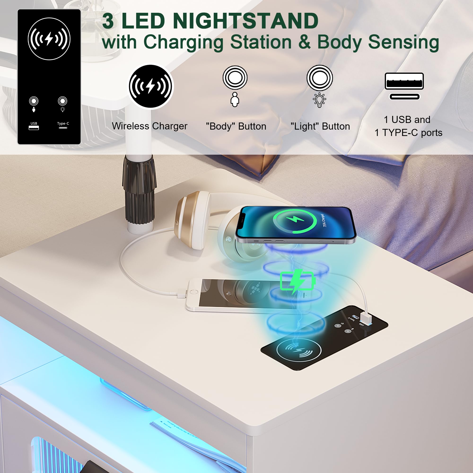 HNEBC Modern Nightstand with Wireless Charging Station & LED Sensor Light - Adjustable Rotary Workstation, 2 Storage Drawers, Bedside Table for Bedroom - Perfect for Smart Home, Apartment, Dorm Room (White)