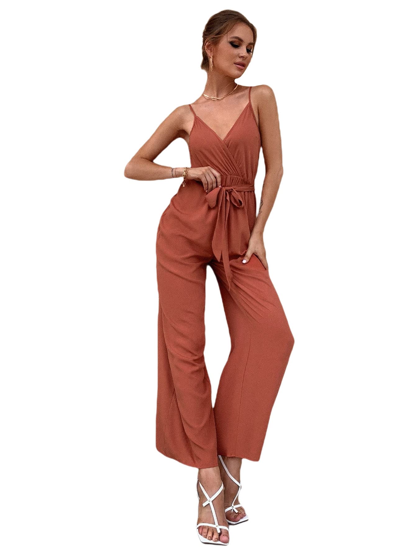 SheIn Women's Wrap V Neck Sleeveless Spaghetti Strap Tie Waist Wide Leg Romper Jumpsuit - Summer Casual Outfit, Beach Cover Up, Vacation Wear