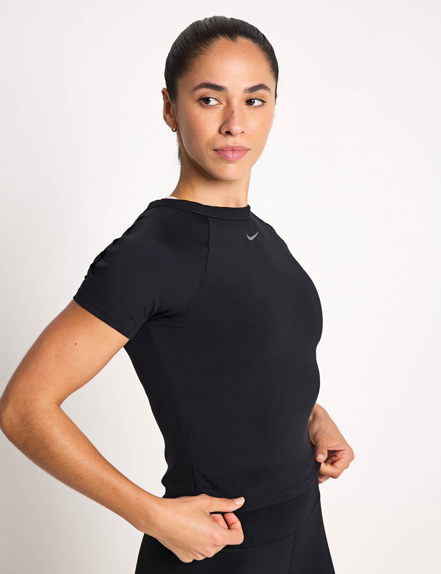 Nike Dri-FIT Cropped Short Sleeve Workout Top for Women - Moisture Wicking Fitness Shirt for Running, Yoga & Gym - Black