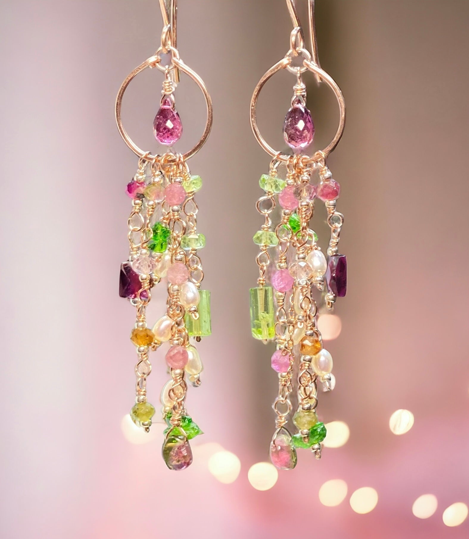 Rubellite Tourmaline Multicolor Gemstone Long Boho Dangle Earrings in Rose Gold - Elegant Bohemian Jewelry for Women, Perfect for Parties, Weddings & Everyday Wear