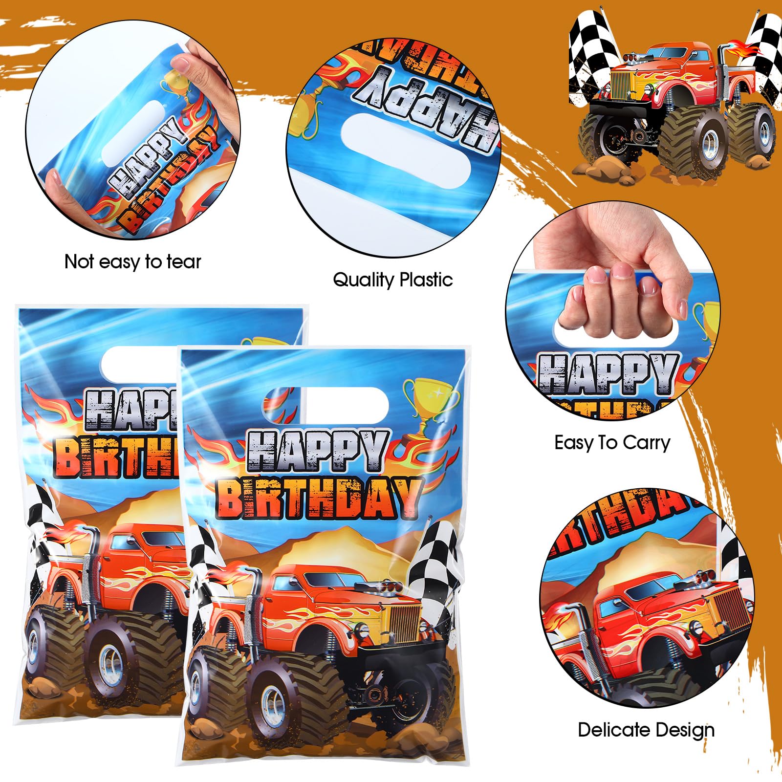 50-Piece Monster Truck Party Favor Bags - Durable Plastic Goodie Bags for Boys Birthday Party Supplies, Candy Treats & Truck-Themed Decorations | Perfect for Monster Truck Birthday Parties, School Events & Kids' Celebrations