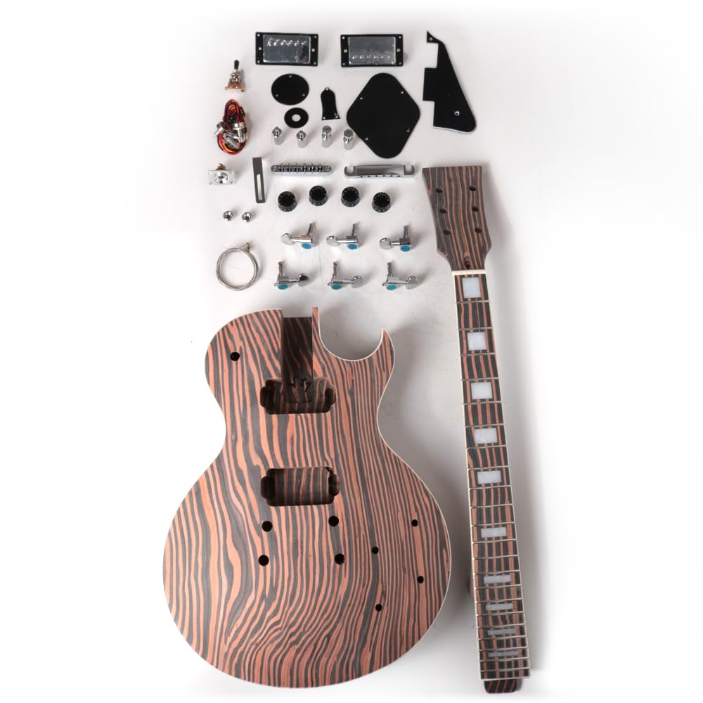 FLPK DIY Electric Guitar Kit - Unfinished Zebrawood Body with Neck & Fingerboard - All Parts Included - Perfect for Beginners & Guitar Enthusiasts - Great for Home Projects, Music Education & Custom Guitar Building