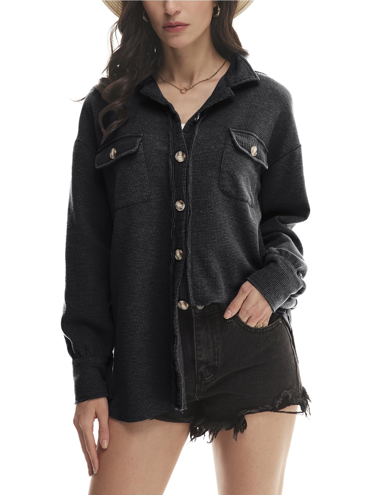 Yanekop Women's Waffle Knit Button Down Shirt Jacket - Oversized Long Sleeve Shacket for Trendy Fall Outfits 2025 | Casual Wear, Layering Piece & Street Style Fashion