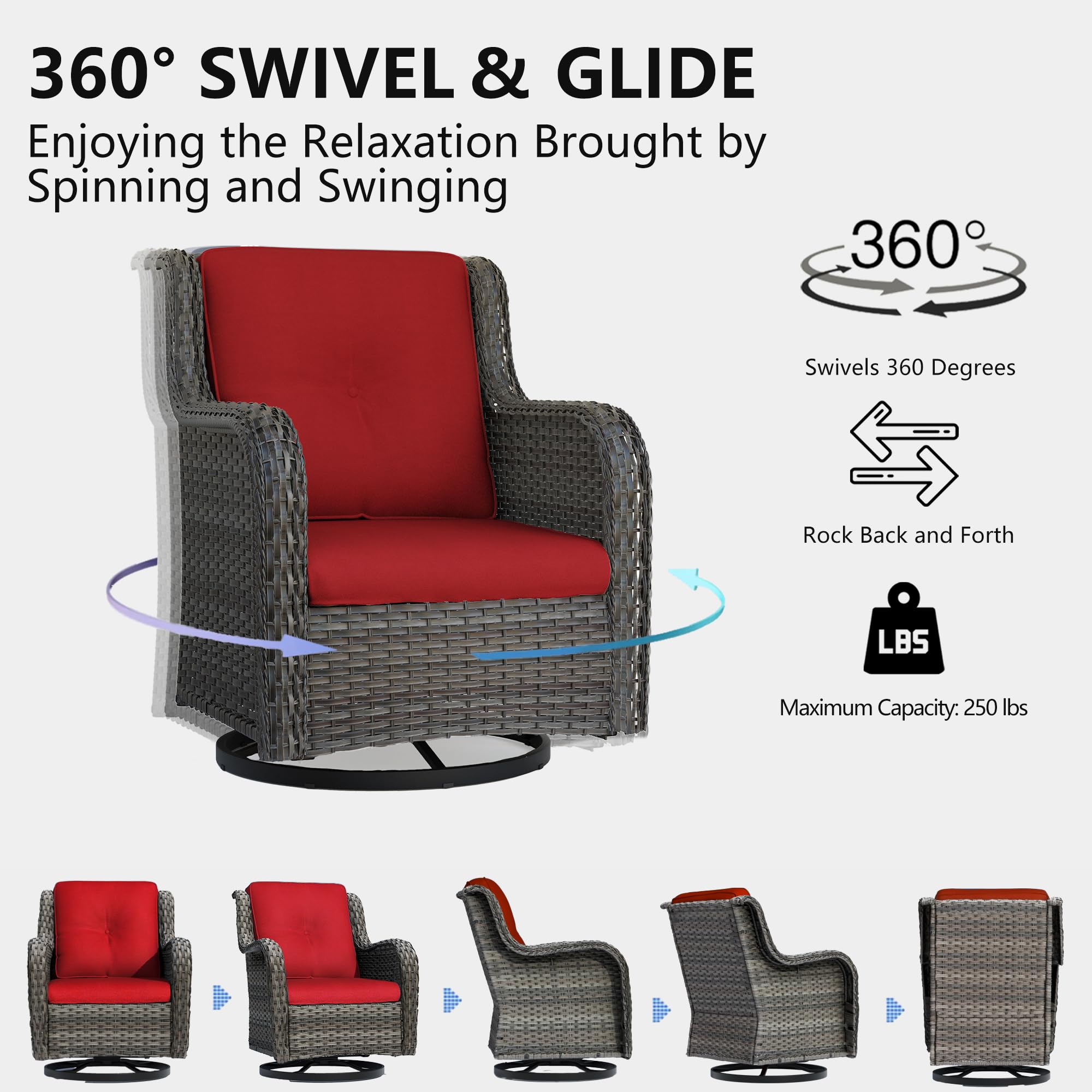 5-Piece Outdoor Patio Furniture Set - All-Weather Wicker Bistro Conversation Set with Swivel Rocking Chairs, Side Table & Ottomans - Perfect for Backyard, Porch, Deck, Garden or Poolside (Mixed Grey/Red) - Ideal for Relaxing, Entertaining & Outdoor Dining