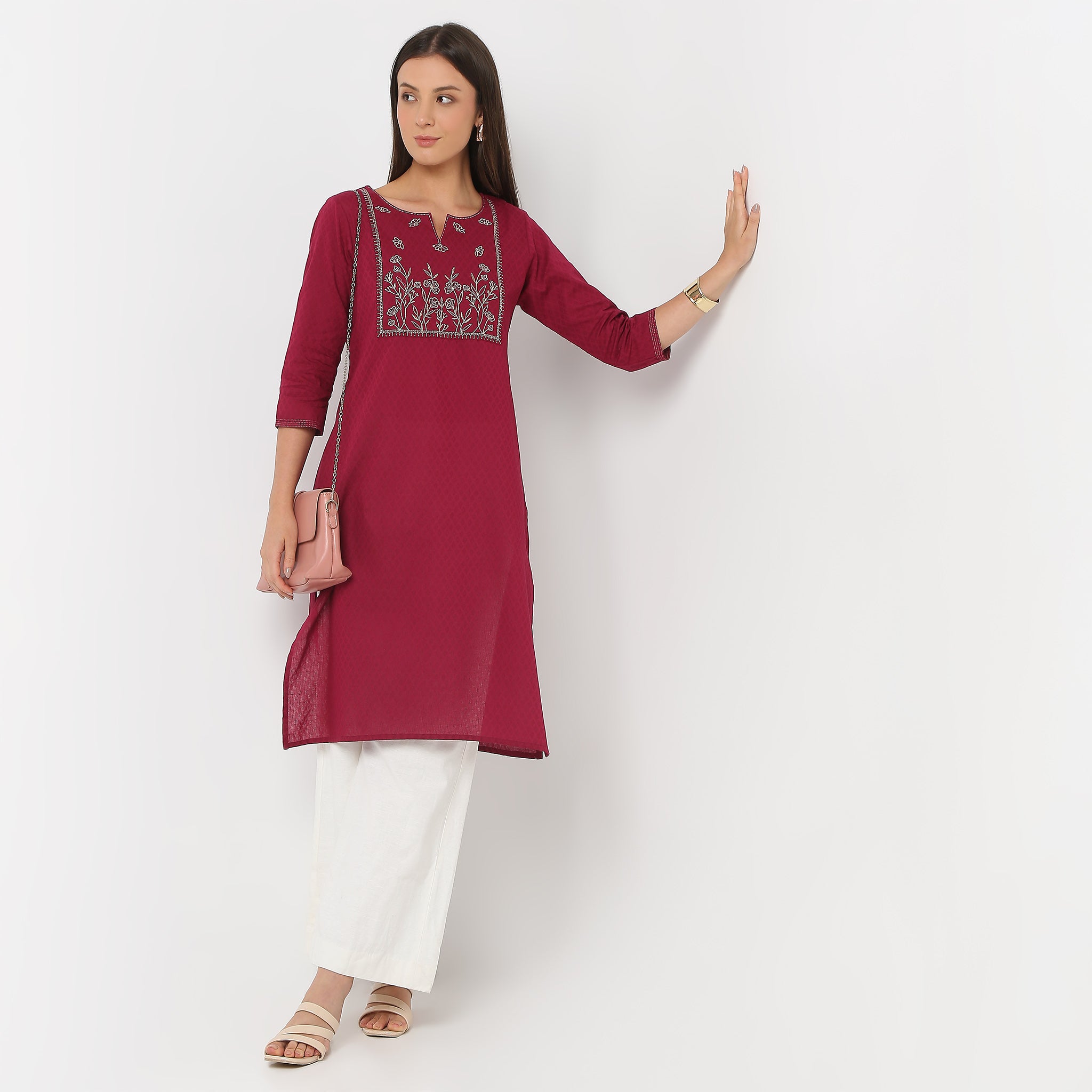 Embroidered Women's Round Neck Knee-Length 3/4 Sleeve Straight Fit Kurta Tunic Top - Perfect for Casual Wear, Festivals & Ethnic Fashion