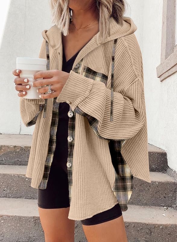 SHEWIN Women's Waffle Knit Plaid Shacket - Oversized Boyfriend Button Down Shirt with Hood, Long Sleeve Loose Top | Casual Fall Outerwear, Streetwear Fashion, Layering Piece for Women