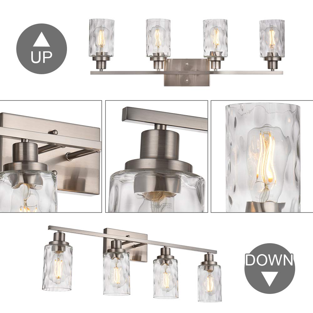 4-Light Modern Bathroom Vanity Light Fixture - Brushed Nickel Wall Sconce with Hammered Glass Shade - Perfect for Bathroom, Powder Room & Dressing Room Lighting