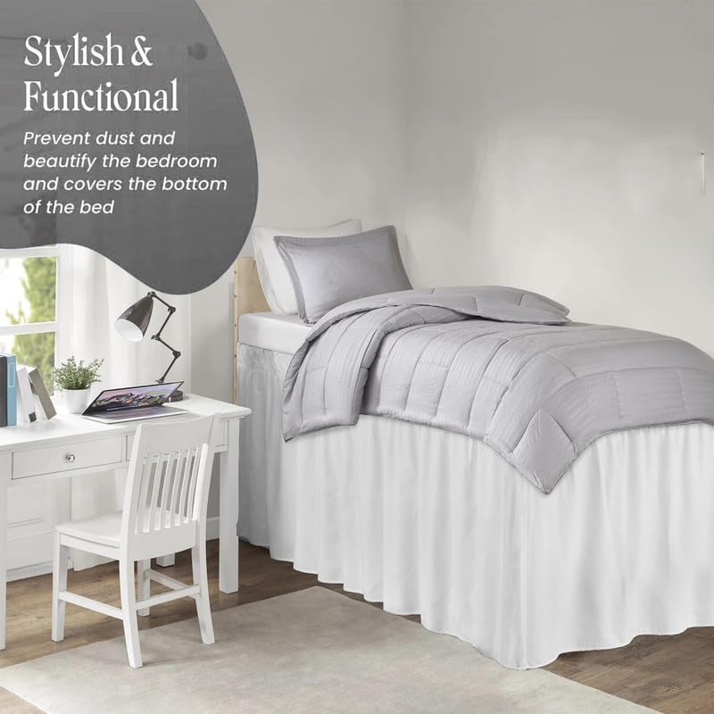 Twin XL Dorm Bed Skirt - 100% Soft Microfiber College Bedding with Ruffled Design (32 Inch, White) - Perfect for Dorm Rooms, Guest Beds & College Dorm Essentials