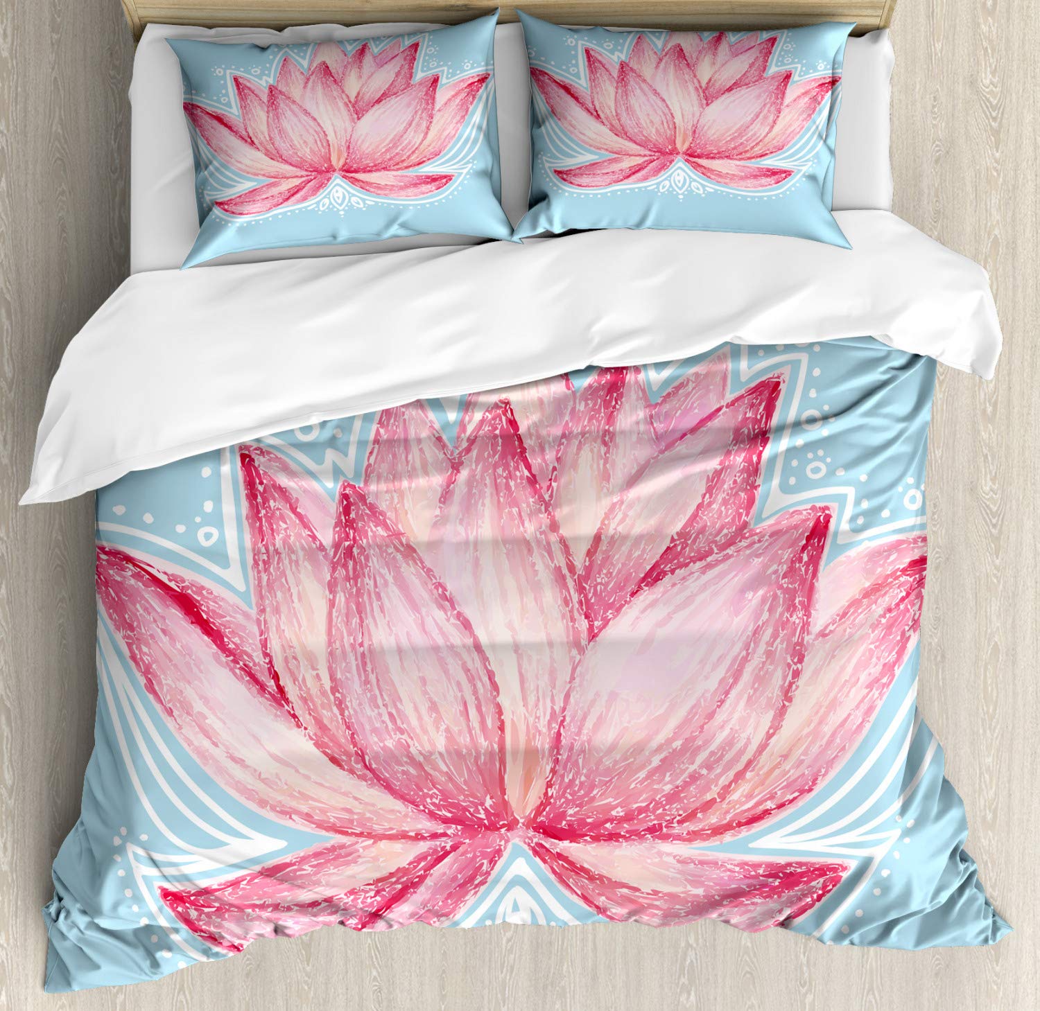 Ambesonne Lotus Duvet Cover Set - Queen Size 3 Piece Botanical Floral Bedding with 2 Pillow Shams, Pink & Pale Blue Gardening Theme for Spring & Summer Decor | Perfect for Master Bedroom, Guest Room, and Boho Chic Home Decor