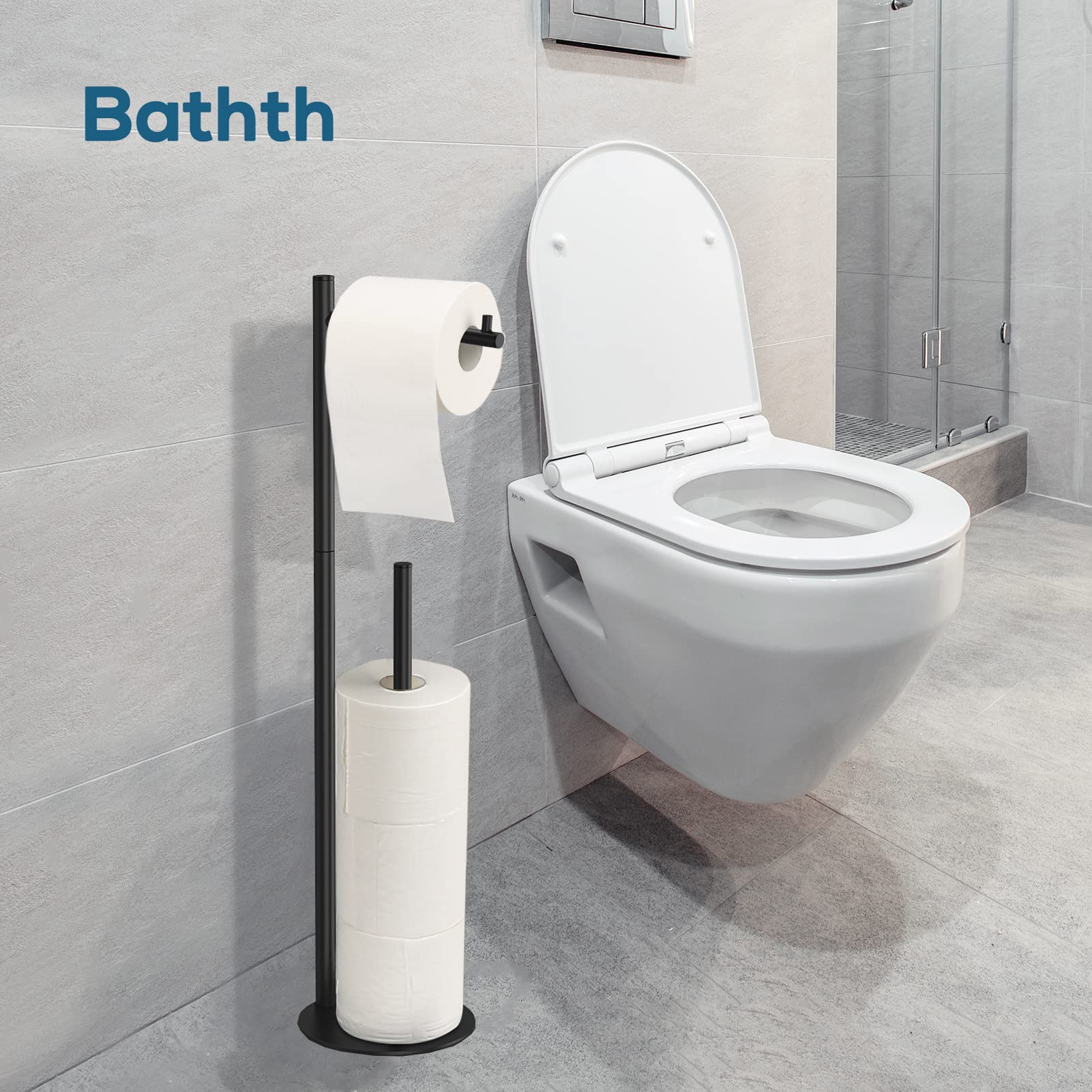 Free Standing Toilet Paper Holder Stand with Storage - Black Bathroom Tissue Dispenser | Space-Saving Design for Small Bathrooms, Powder Rooms & RVs