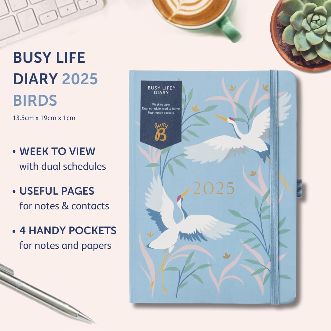 Busy B A5 2025 Weekly Planner - Dual Schedule Academic & Work Diary with Year Calendar, Pen Pockets & Elastic Closure | Perfect for Students, Teachers & Professionals | Birds Design Organizer for School, Office & Daily Planning