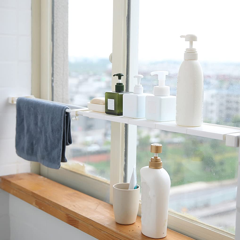 Adjustable Extendable Tension Shelf - Slim Closet Organizer, Cabinet Divider Rod & Storage Rack for Small Spaces - Perfect for Bathroom, Kitchen, Cupboard & Windowsill Organization - White
