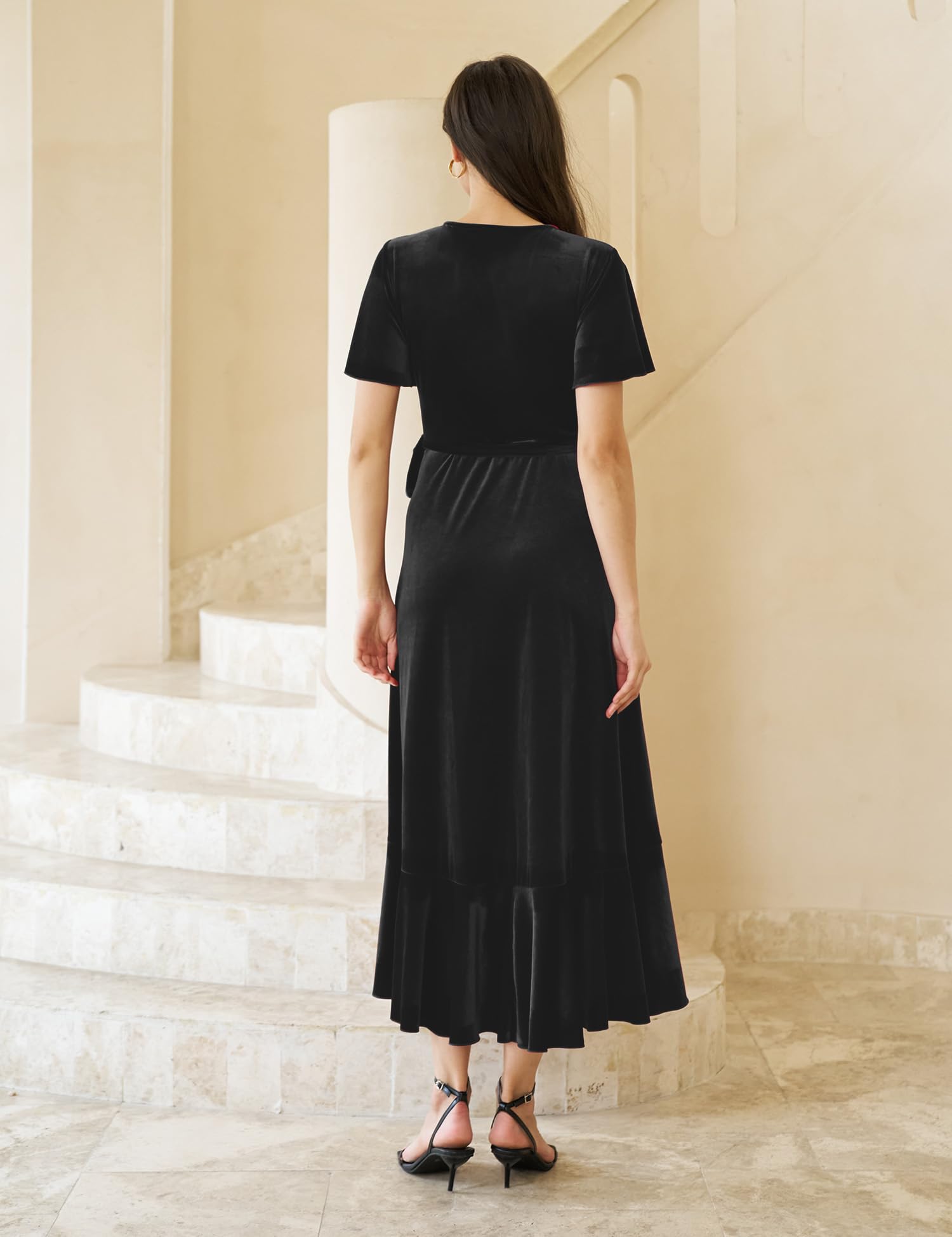 Elegant Women's Velvet Maxi Dress - Boho V-Neck Wrap Dress for Wedding Guest, Fall Maternity & Formal Occasions with Pockets | Perfect for Evening Parties, Holiday Events & Special Celebrations