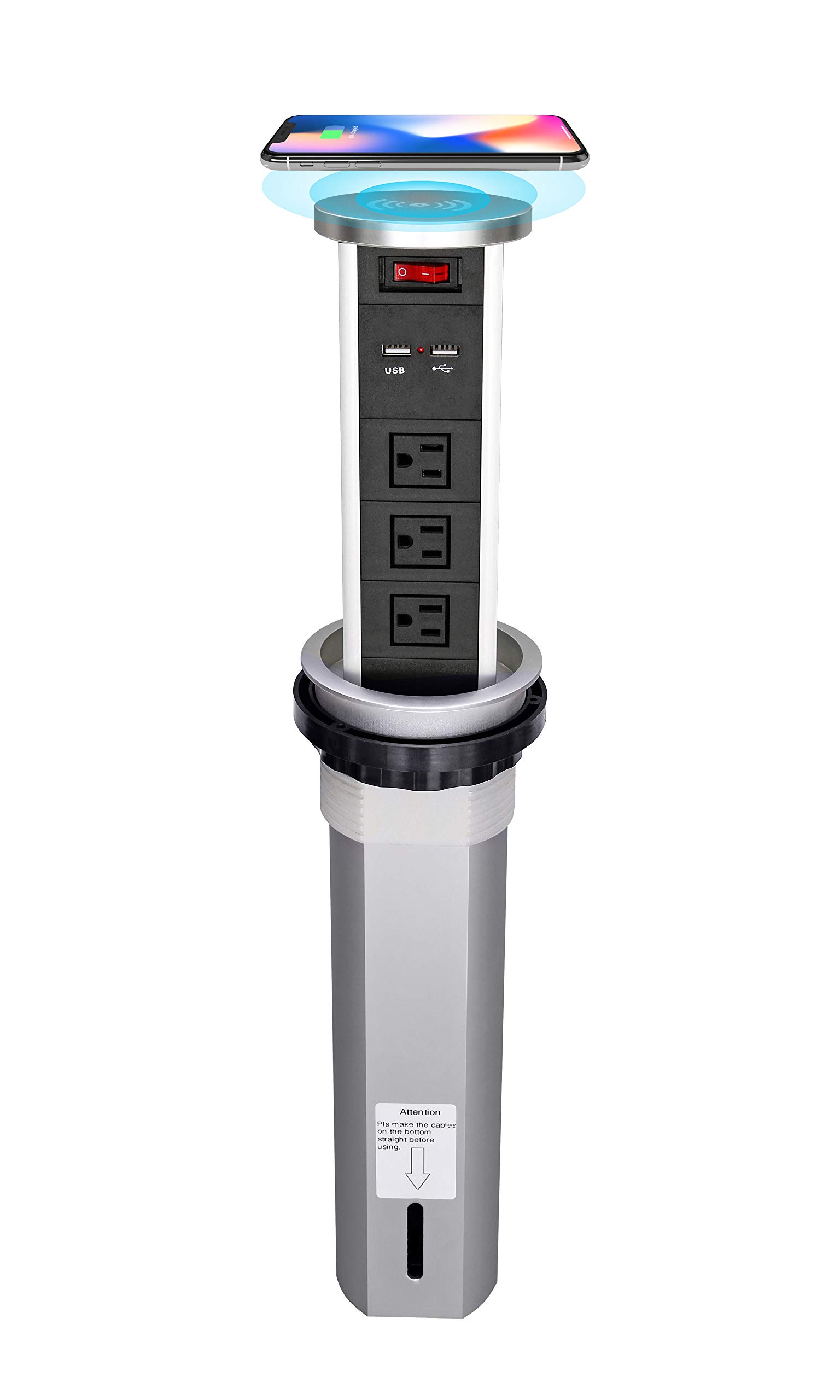 Automatic Pop-Up Power Strip with 3 Outlets & 2 USB Ports - Surge Protector with Wireless Charger for Office, Kitchen, Conference Room | Space-Saving Desk Organizer for Home & Work
