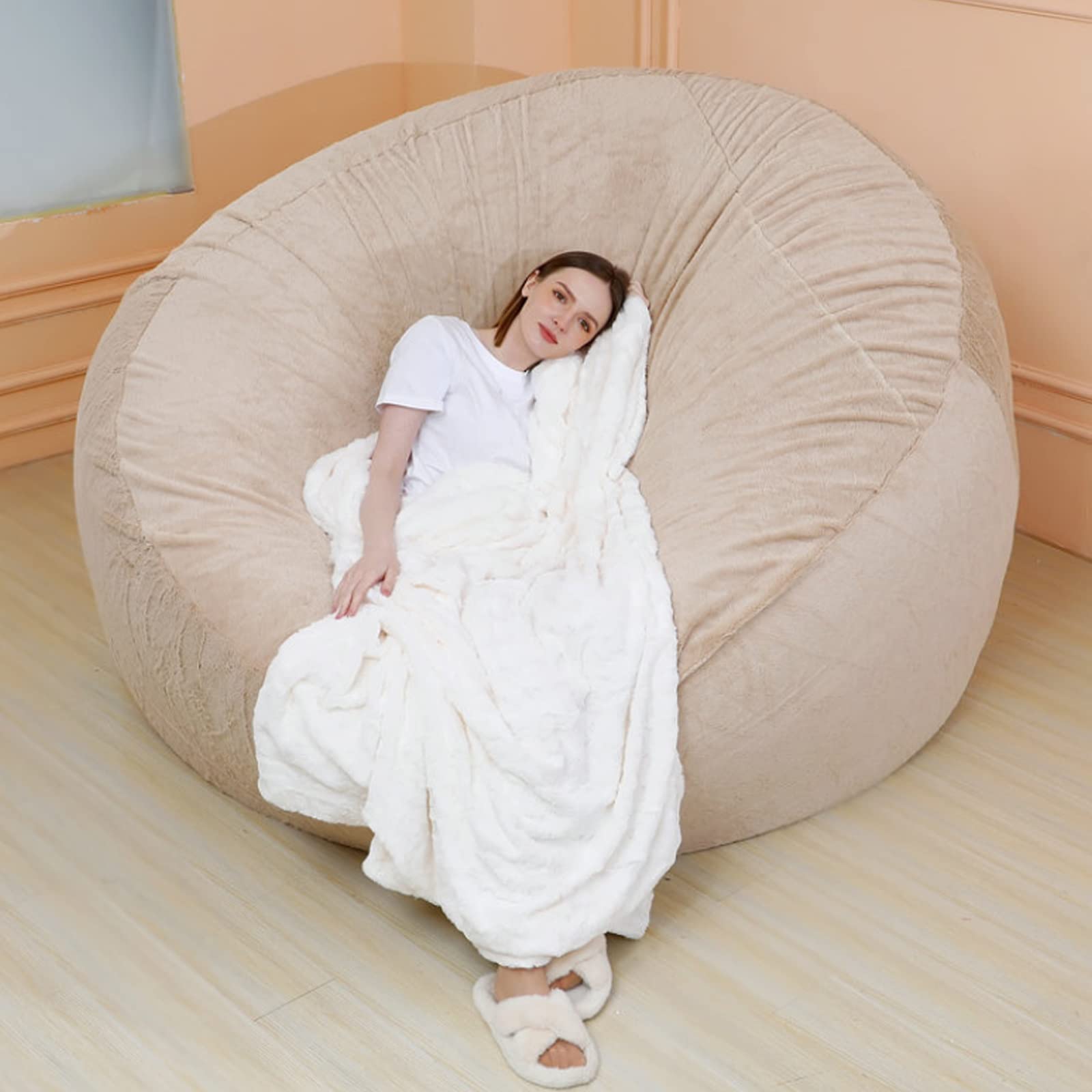 Ultra Soft Giant Faux Fur Bean Bag Chair Cover for Kids, Teens & Adults - No Filler Included - Big Round Fluffy Living Room Furniture for Cozy Lounging, Gaming & Relaxation