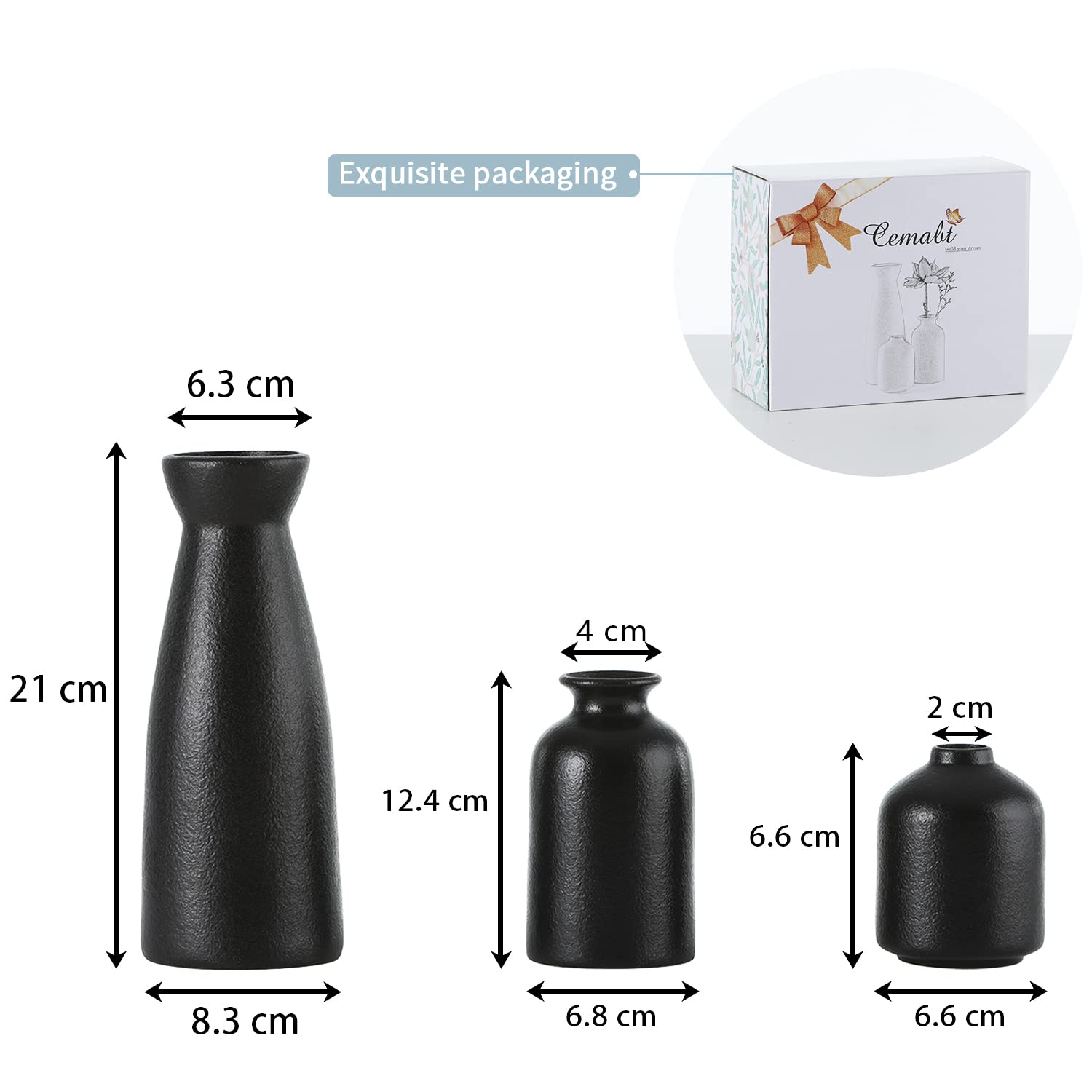 Black Ceramic Vase Set of 3 - Small Modern Boho Flower Vases for Home Decor, Farmhouse Style Decorative Vases for Pampas Grass & Dried Flowers - Perfect for Shelves, Tables, Bookshelves, and Entryways - Distressed Finish