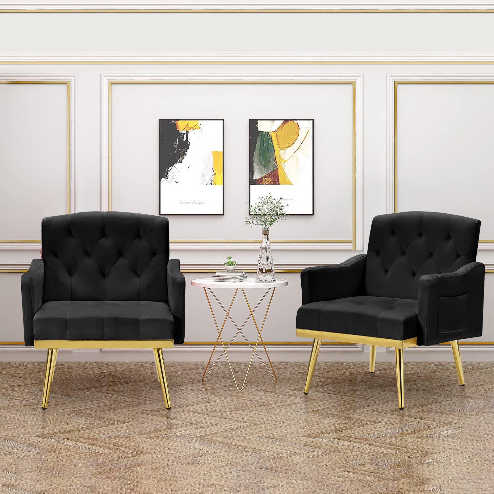 JEEOHEY Set of 2 Modern Velvet Accent Chairs - Mid-Century Upholstered Armchairs with Button Tufting, Side Pockets & Metal Legs for Living Room, Bedroom or Office - Comfy Lounge Seating in Black