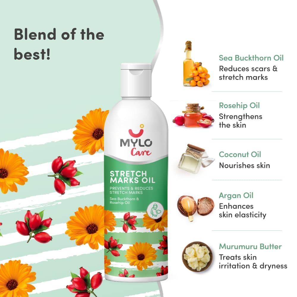 **Mylo Care Stretch Marks Oil with Sea Buckthorn, Rosehip, Argan & Coconut Oil – Vitamin E Oil for Scars & Stretch Mark Removal – Natural Skin Care Solution for Pregnant Women & Postpartum – 100ml – Perfect for Pregnancy, Postpartum & Daily Skin Hydration**