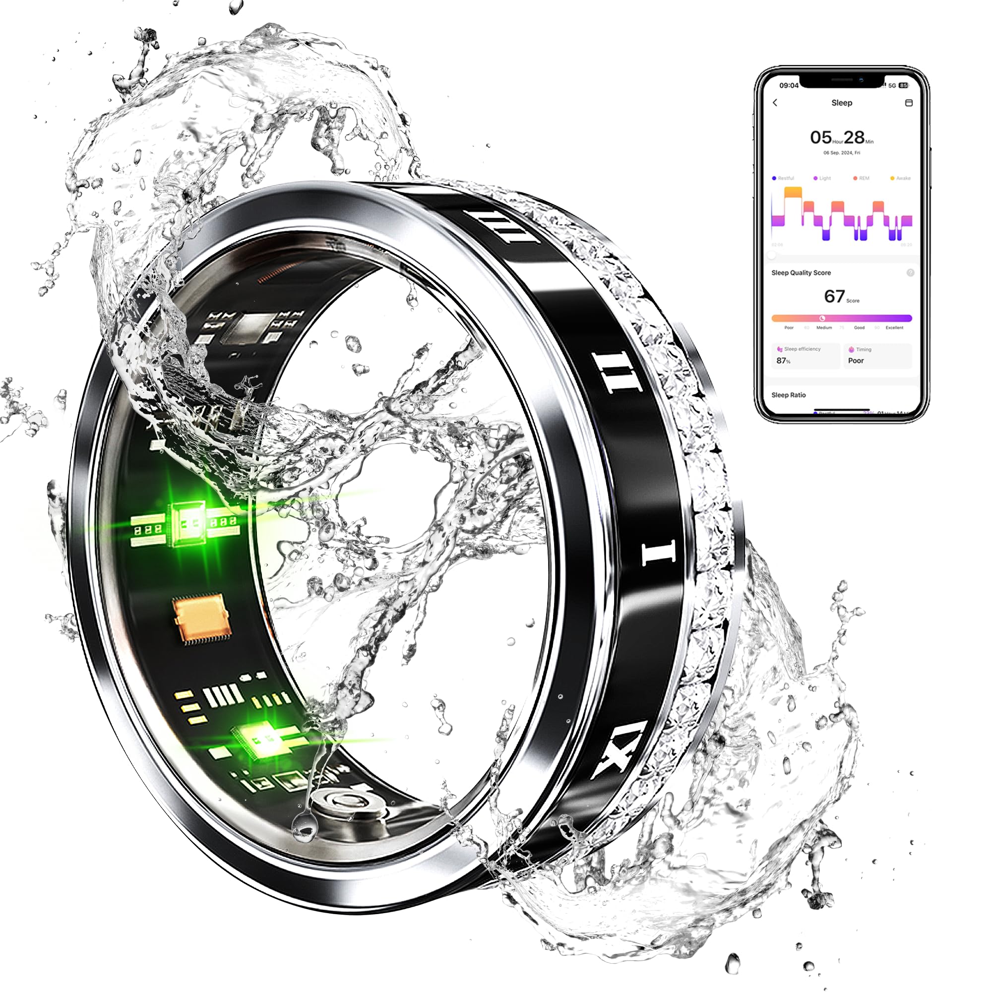 Smart Ring Fitness Tracker - Heart Rate, Blood Oxygen & Sleep Monitor with Blood Pressure Tracking, IP68 Waterproof, iOS/Android Compatible, Remote Camera Control & Family Care Features - Diamond Style Fashion Accessory for Workouts, Sleep Analysis & Daily Health Monitoring (Size 10)