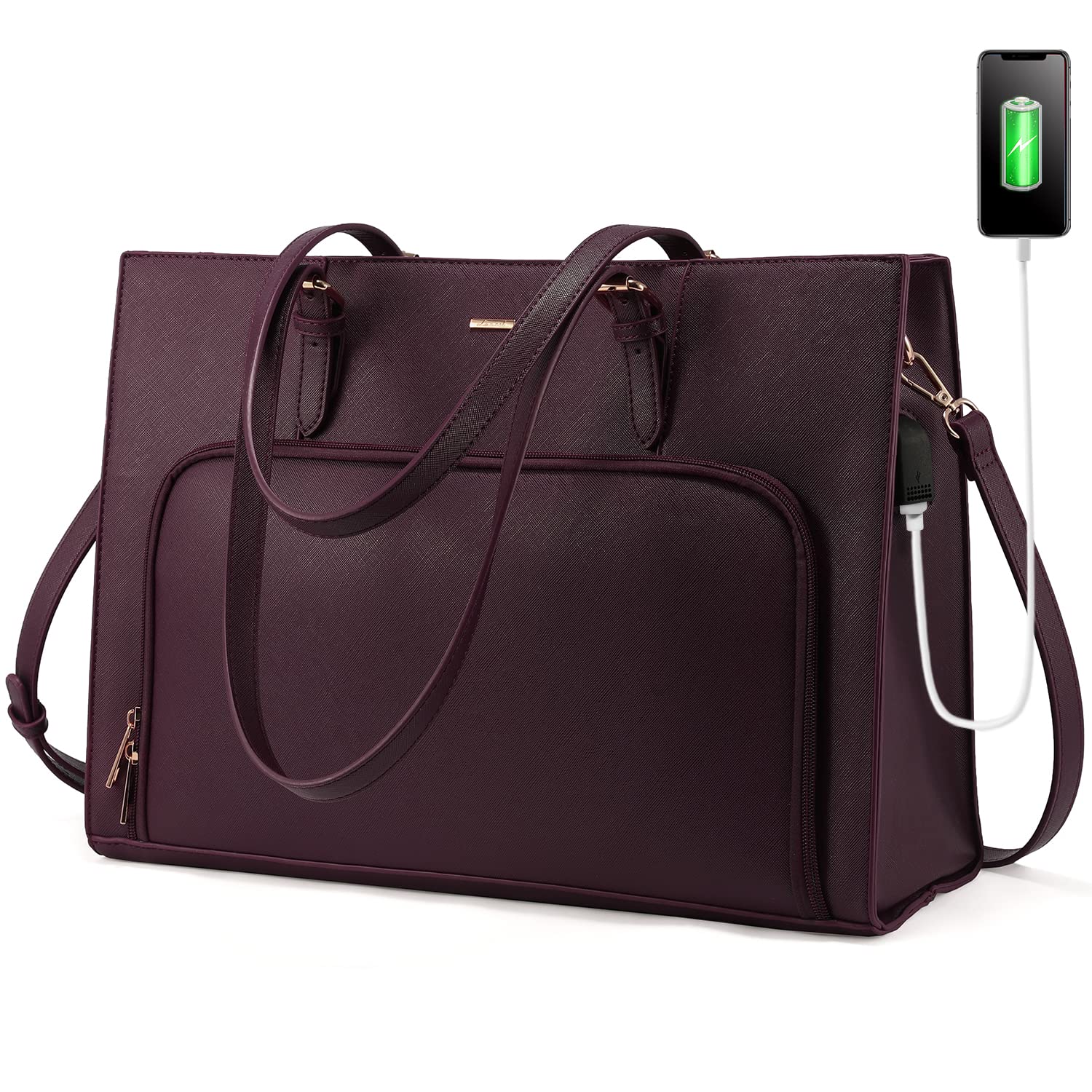 LOVEVOOK 15.6 Inch Waterproof Laptop Bag for Women - PU Leather Work Tote Briefcase with USB Charging Port, Professional Computer Shoulder Bag for Business, Travel, School & Office Use
